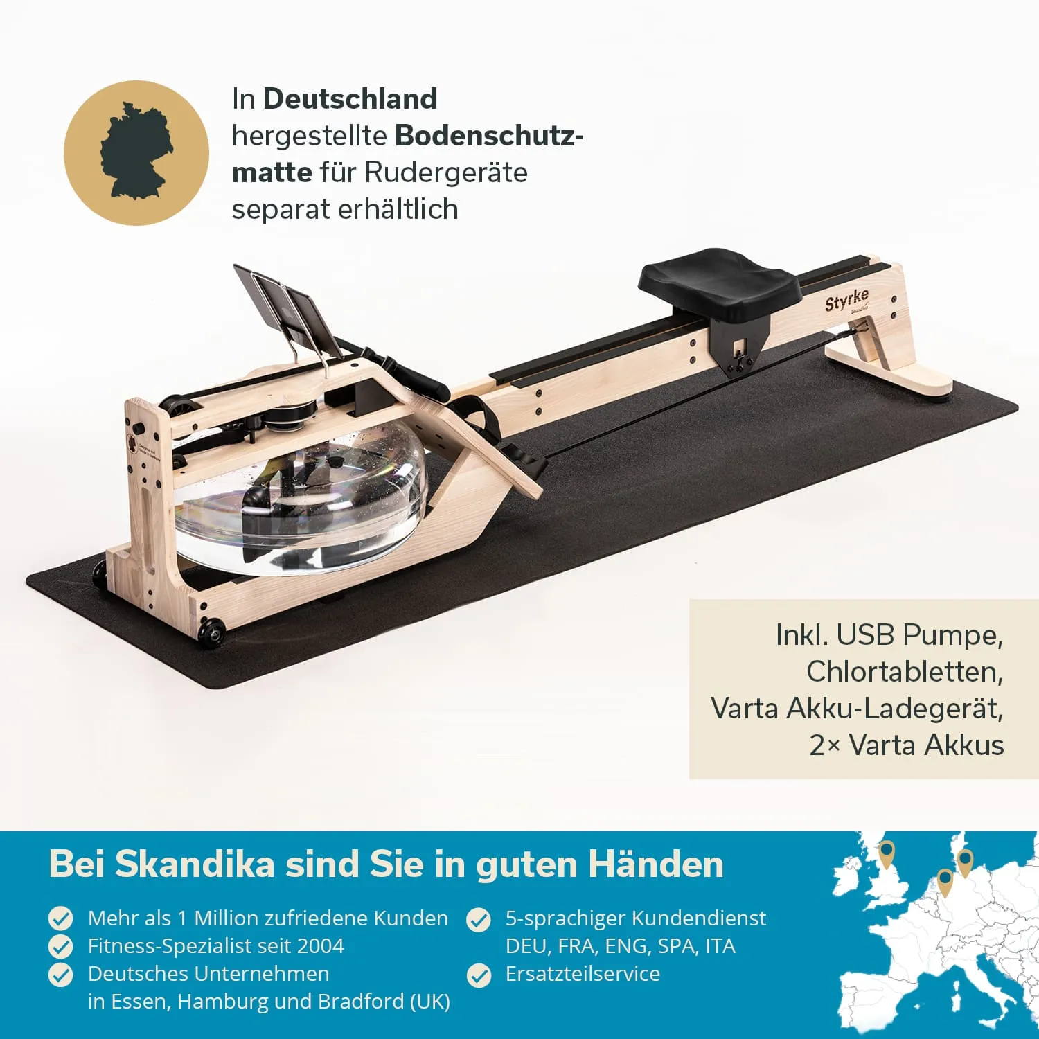 Bodenschutzmatte für Rudergeräte, mit einem Rudergerät aus Holz, einer Wasserkammer und Zubehör wie USB-Pumpe und Chlortabletten.