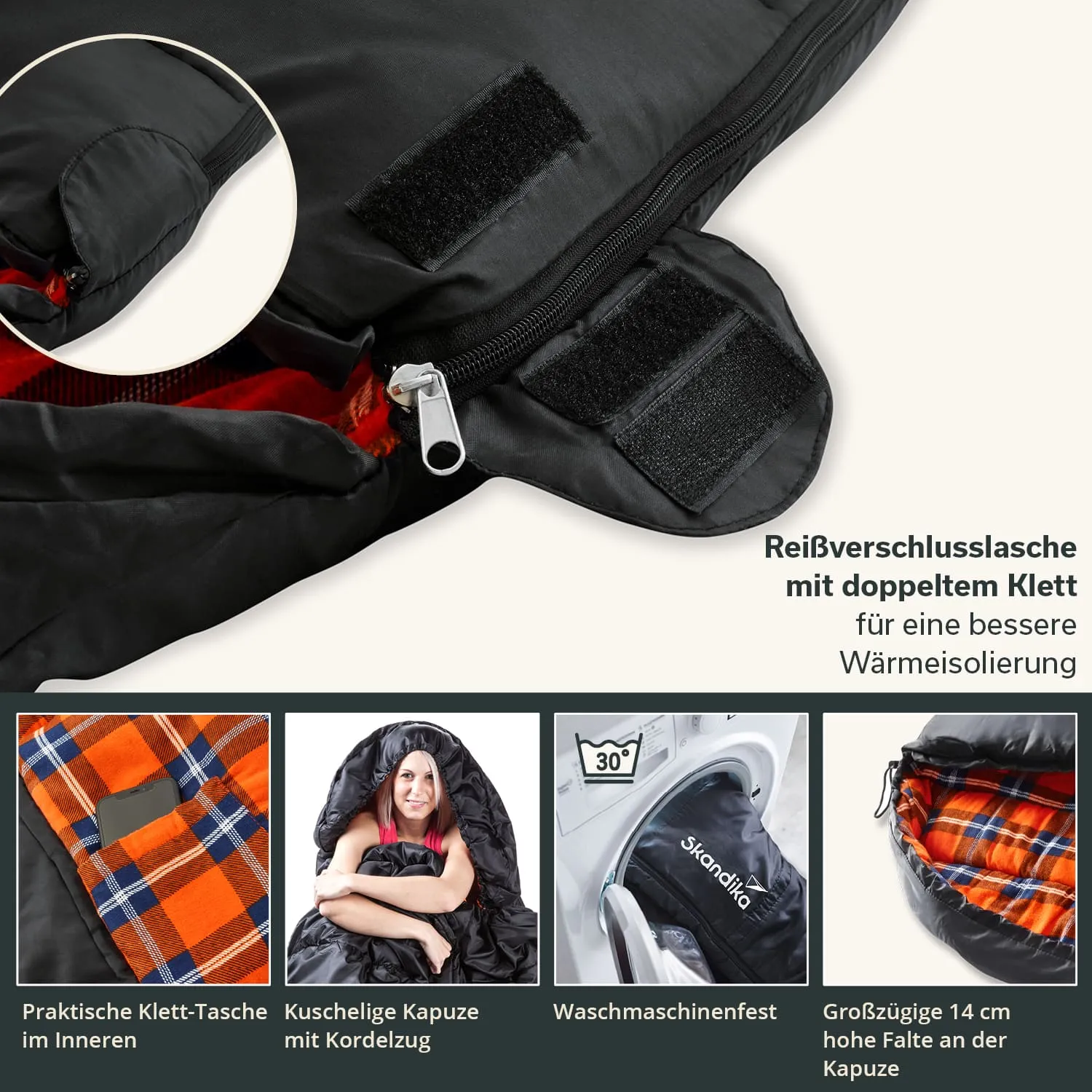 Schlafsack mit Reißverschluss, doppelter Klettverschluss und Innen-Tasche. Kapuze mit Kordelzug und Waschmaschinentest.