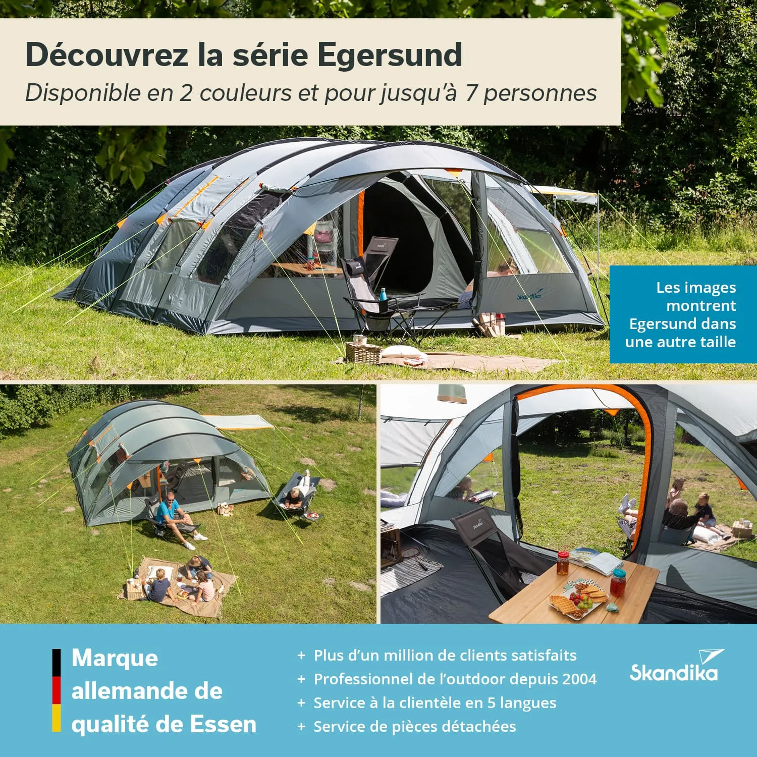 Zeltserie Egersund in zwei Farben, bis zu sieben Personen. Zelte auf einer Wiese, darunter Campingstühle und ein Tisch.