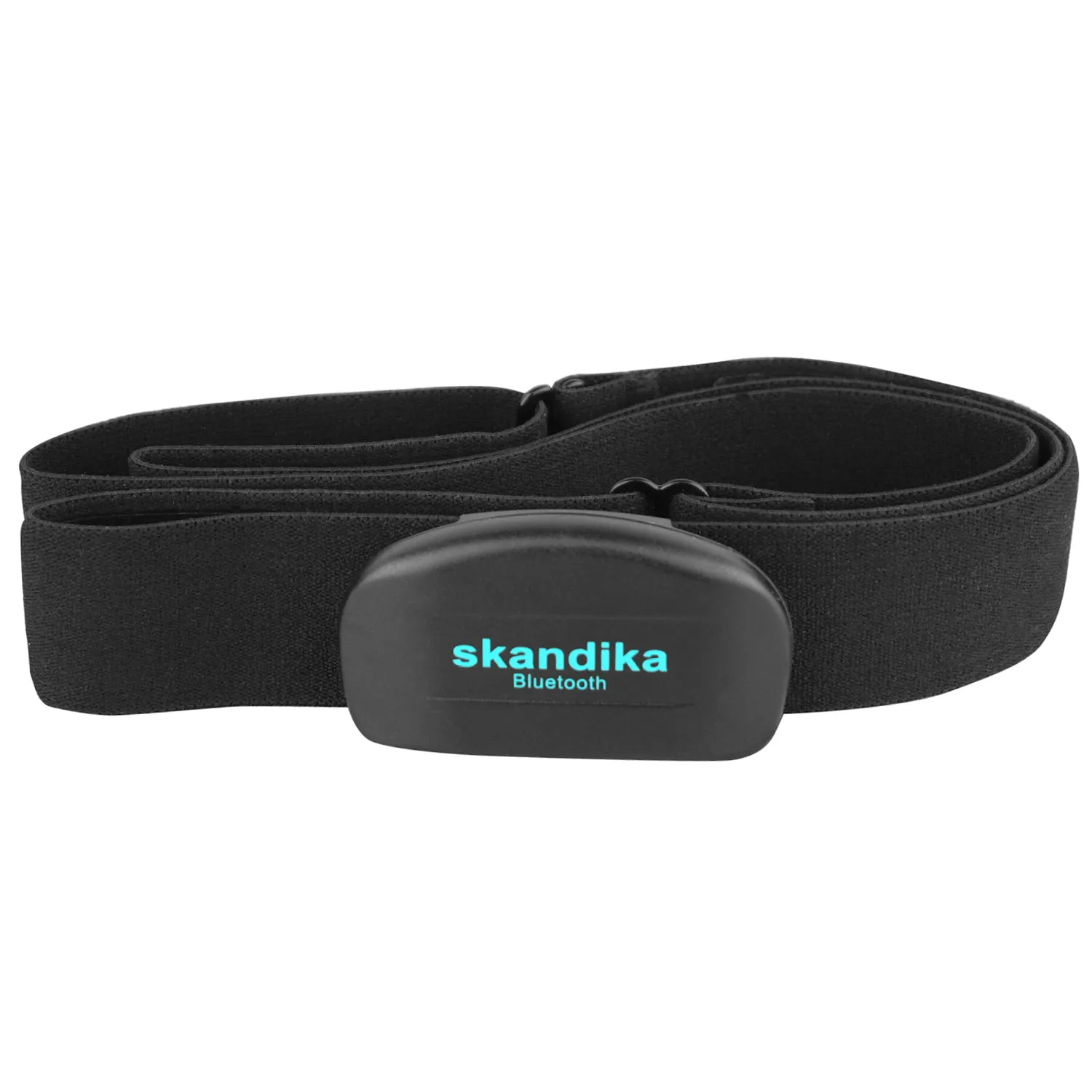 Schwarzer Brustgurt mit einem Bluetooth-Sensor in der Mitte. Auf dem Sensor steht "skandika" in blauer Schrift.