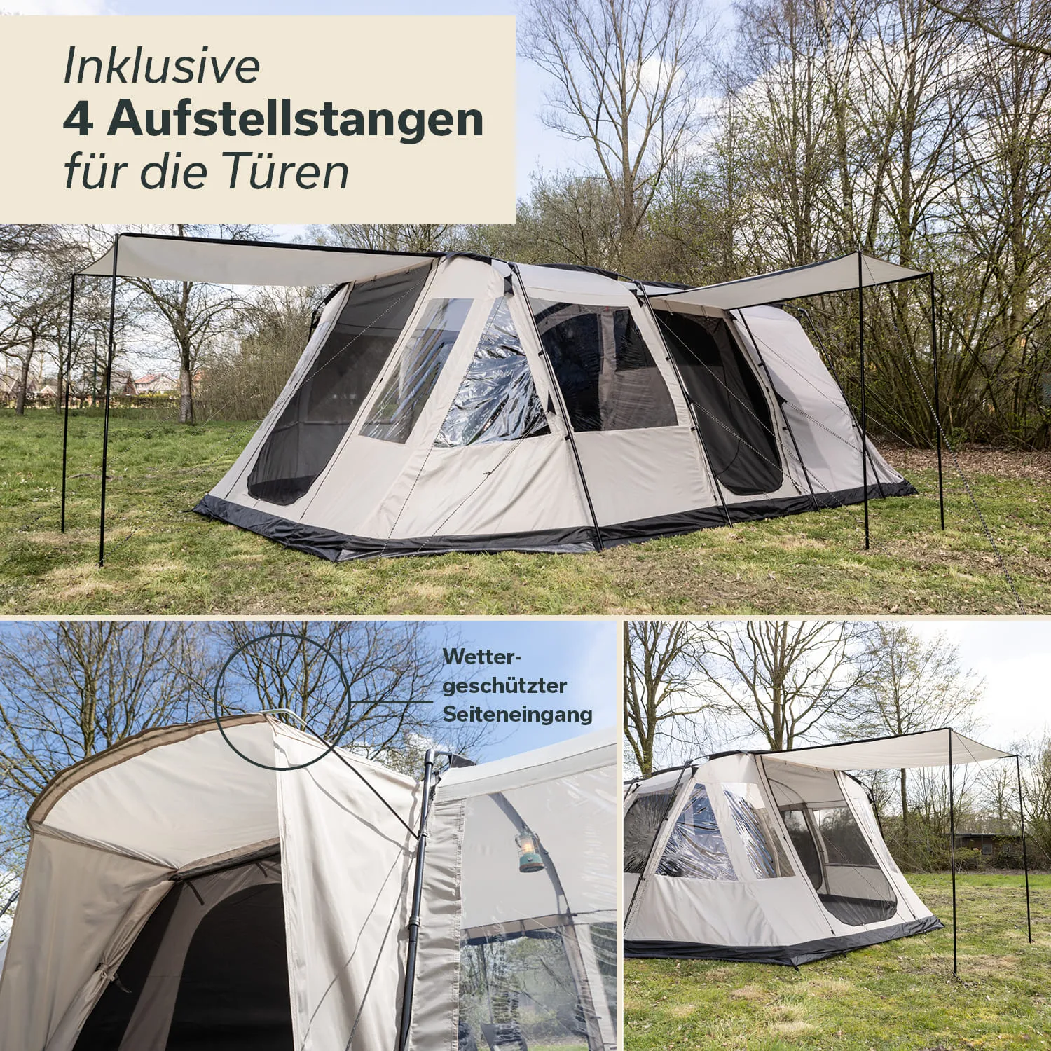 Zelt in natürlicher Umgebung mit transparenten Fenstern und seitlichem Vordach. Aufstellstangen sind sichtbar.