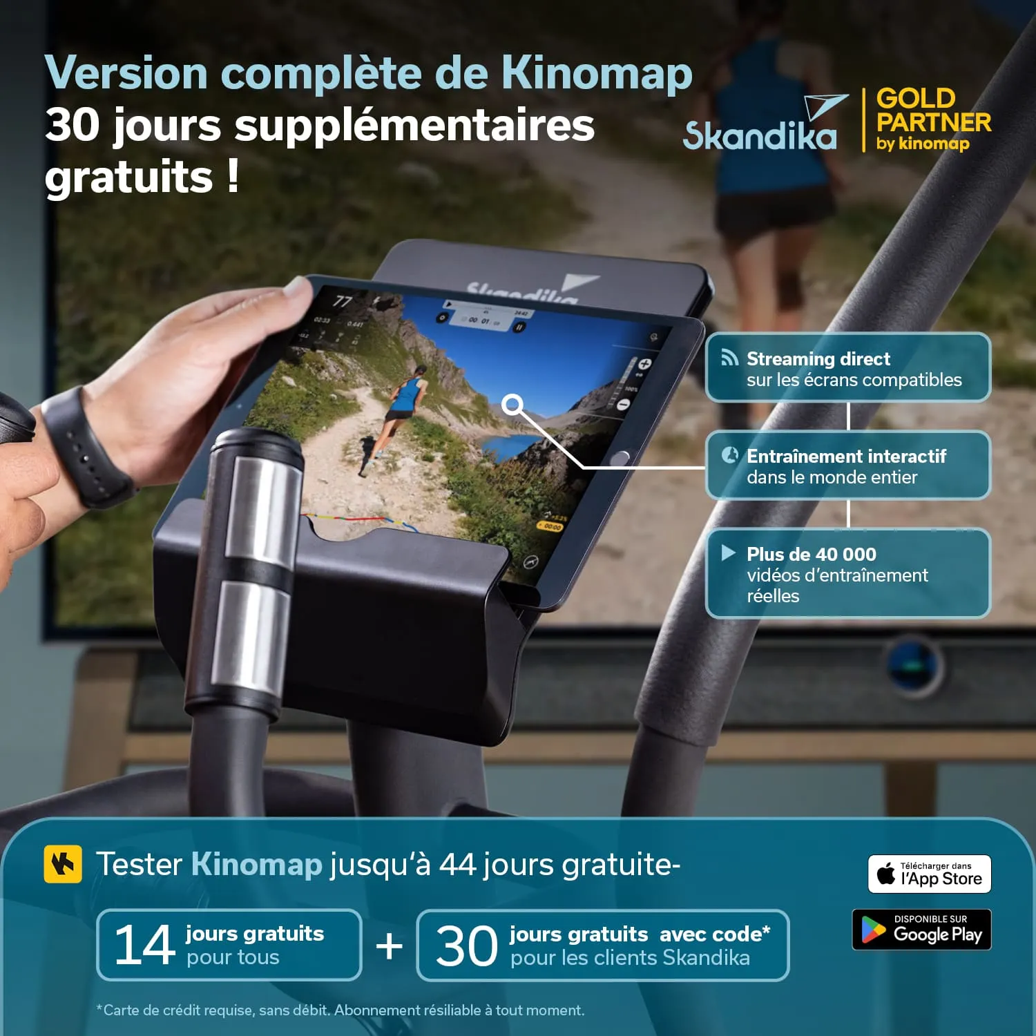 Ein Fitnessgerät mit einem Tablet, das eine Lauf-App zeigt, neben Textinformationen über kostenlose Testzeiträume und Funktionen.