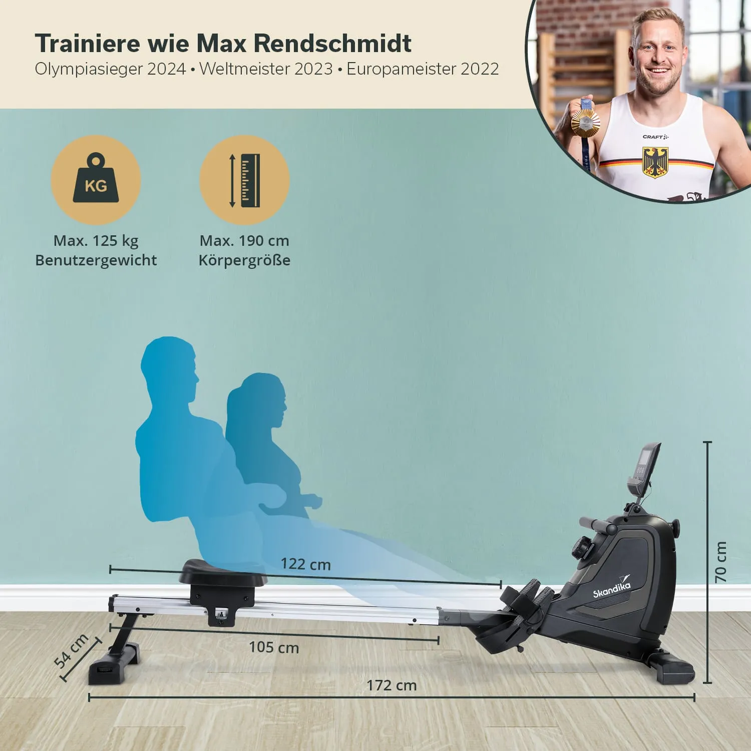 Rudergerät mit Abmessungen und Informationen zu Benutzergewicht und Körpergröße, skizzierte Personen im Hintergrund.