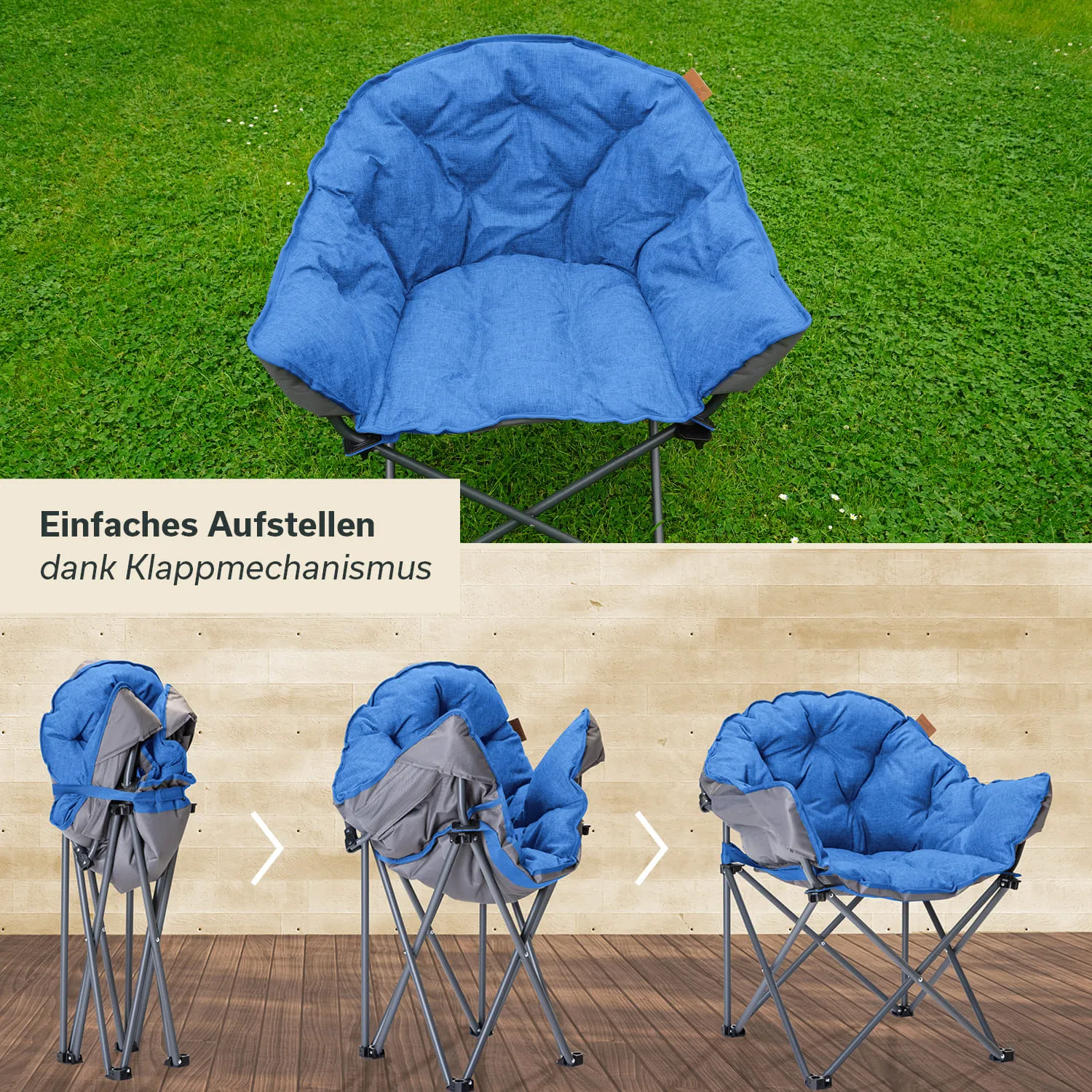 Blauer, gepolsterter Klappstuhl auf grünem Rasen. Drei Ansichten des faltbaren Stuhls auf hellem Hintergrund.