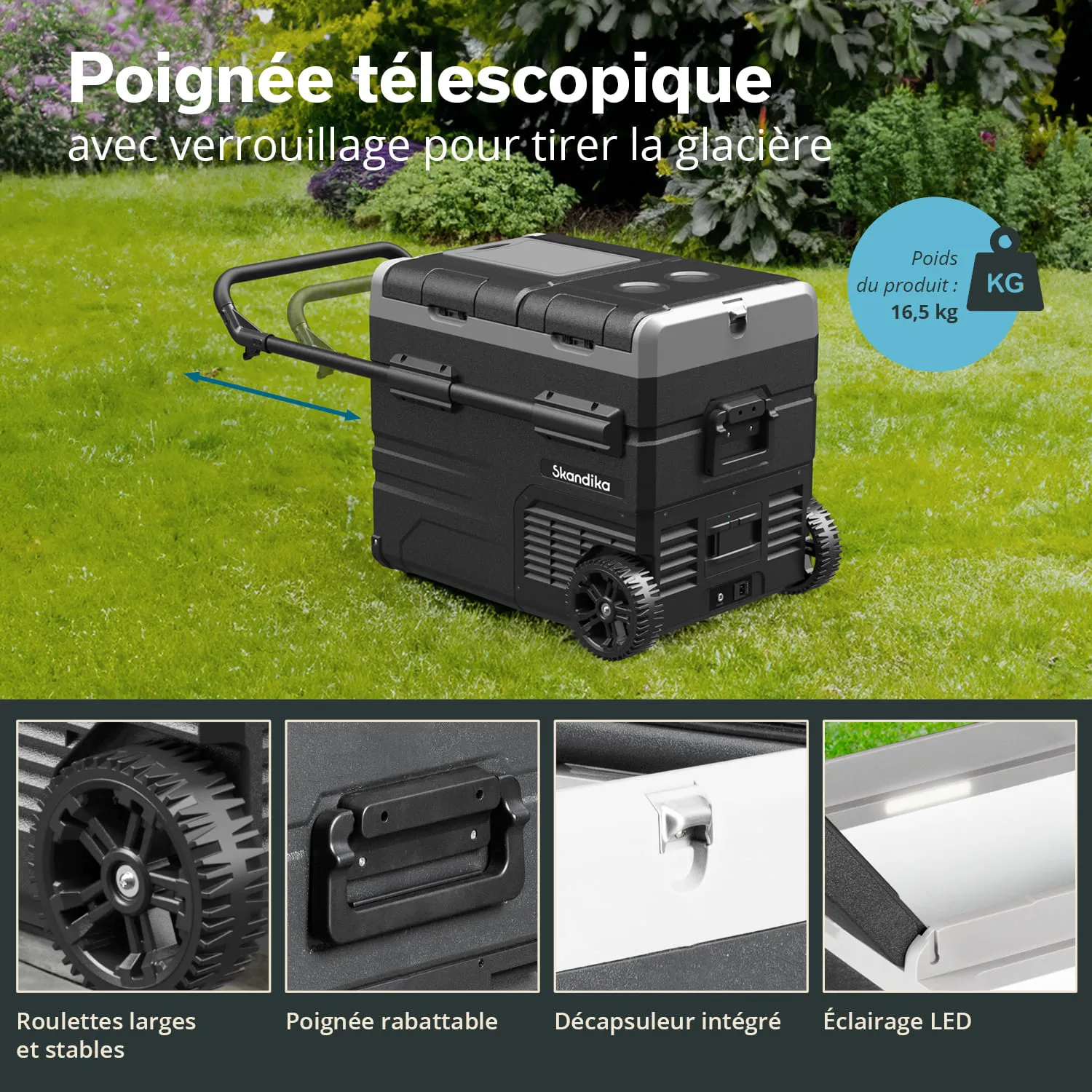Ein Kühlschrank mit Teleskopgriff und Rädern steht auf grünem Gras. Halte- und Öffnungsmechanismen sind erkennbar.
