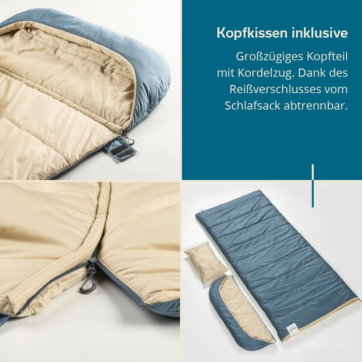 Schlafsack in Blau und Beige, mit abnehmbarem Kissen. Detailansicht des Reißverschlusses und der Füllung. Kissen separat daneben.