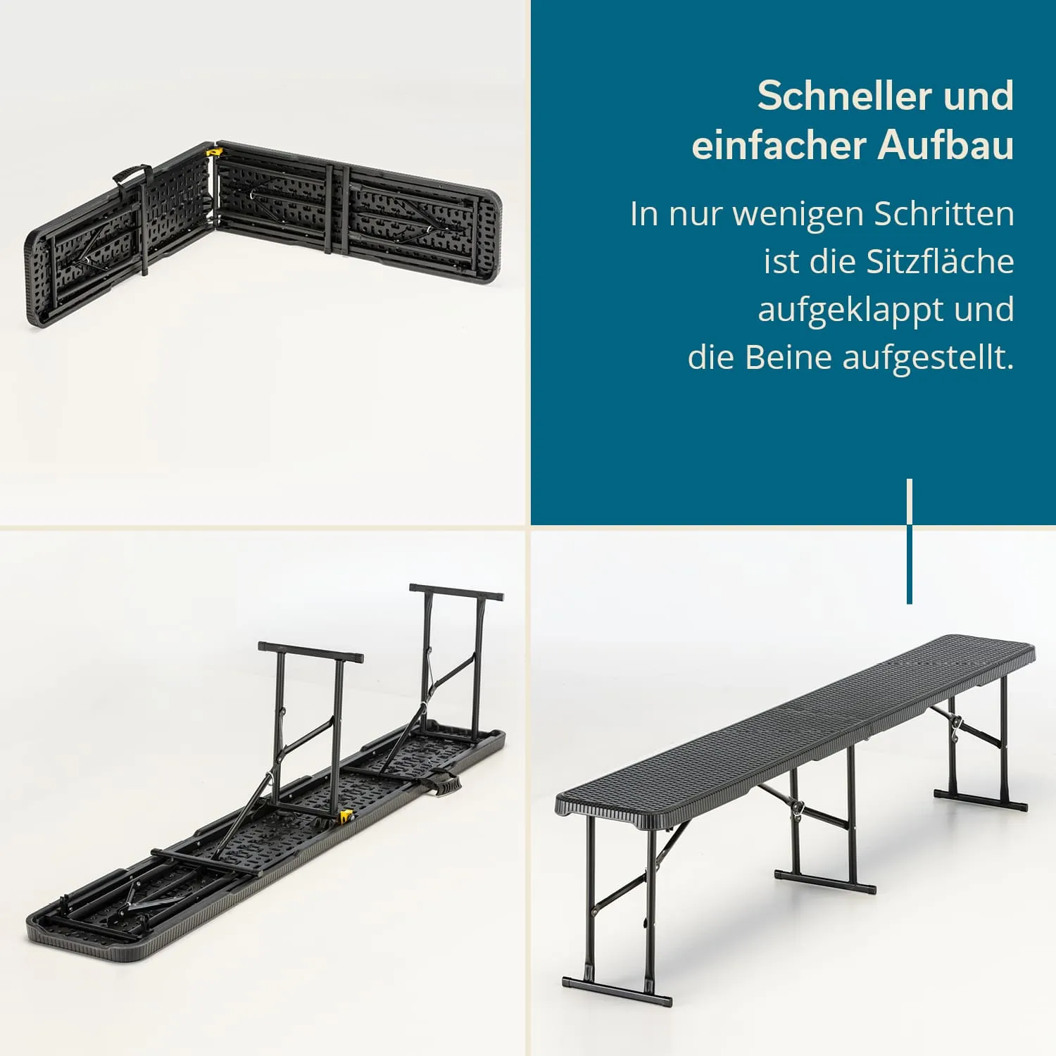 Faltbare Bank in verschiedenen Aufbaustufen: zusammengeklappt, teilweise aufgebaut und vollständig aufgestellt.
