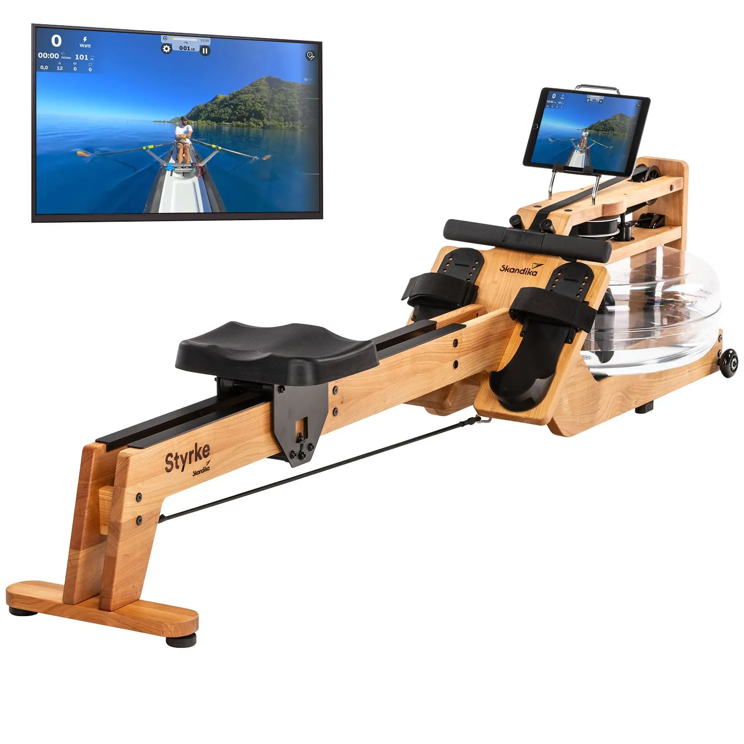 Rudermaschine aus Holz mit einem Wasserbehälter, Bildschirm und Tablet-Halterung im Hintergrund zeigt eine Ruder-Szene.
