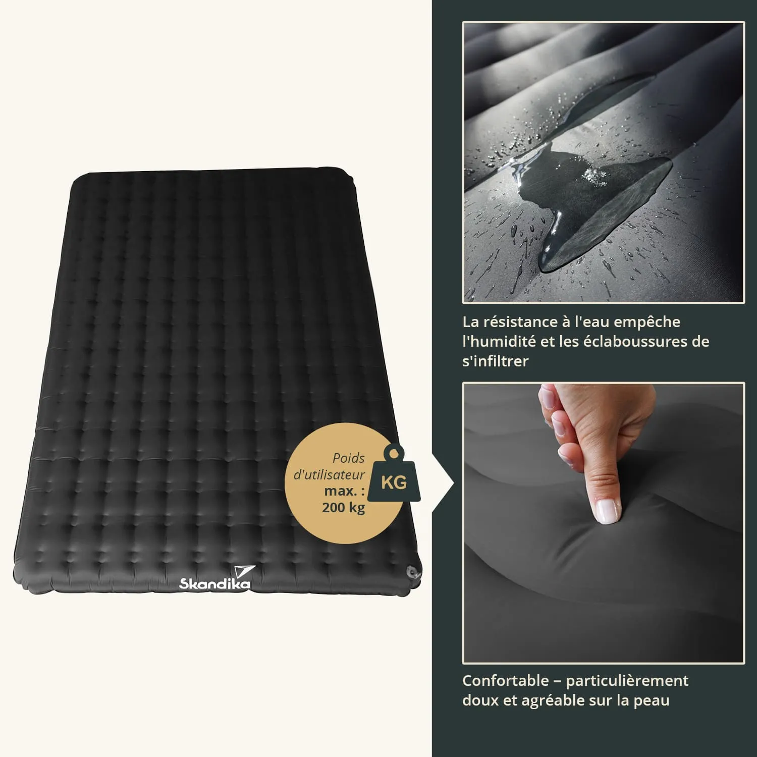 Schwarze, aufblasbare Matratze mit genoppter Oberfläche. Textabschnitte beschreiben Wasserbeständigkeit und Komfort.