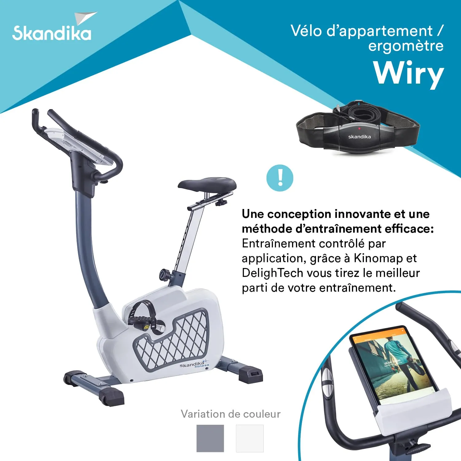 Ergometer in Weiß mit grauen Akzenten, digitalem Display und Tablet-Halterung. Informationen über Trainingsmethoden.