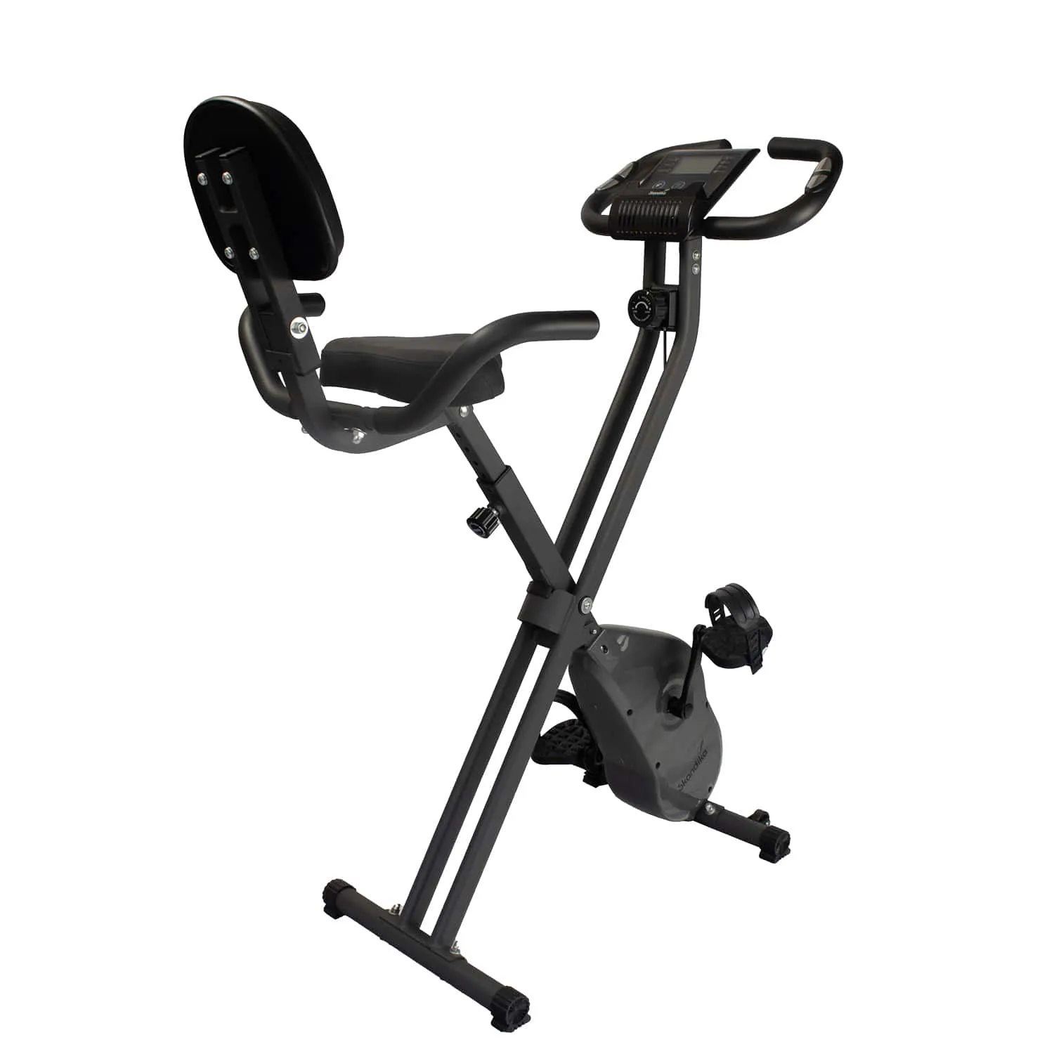Klapprad mit Rückenlehne, schwarzem Sitz und Pedalen, ausgestattet mit einem Display an der Lenkstange.