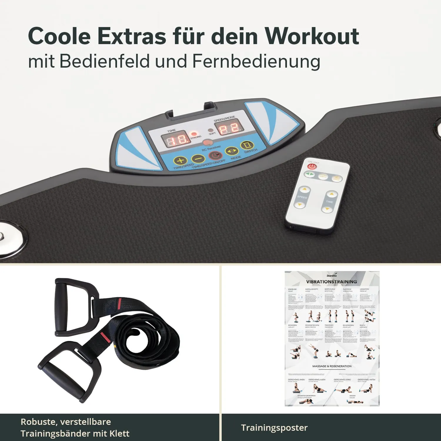 Bedienfeld mit Digitalanzeige und Fernbedienung, verstellbare Trainingsbänder mit Klett und Trainingsposter.
