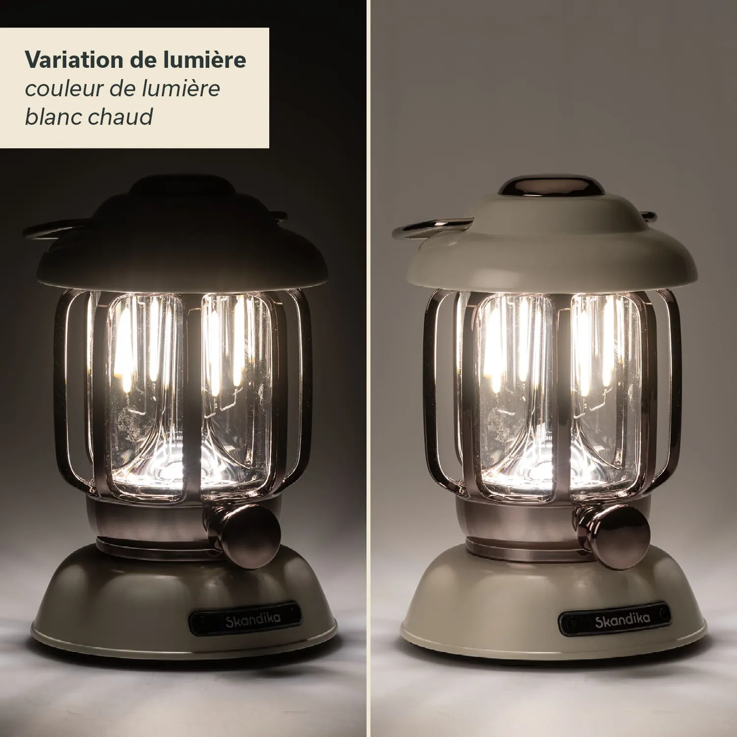 Eine Lampe mit einem transparenten Glaskörper und einem oberen Gehäuse in zwei Farbvarianten, links schwarz, rechts grau.