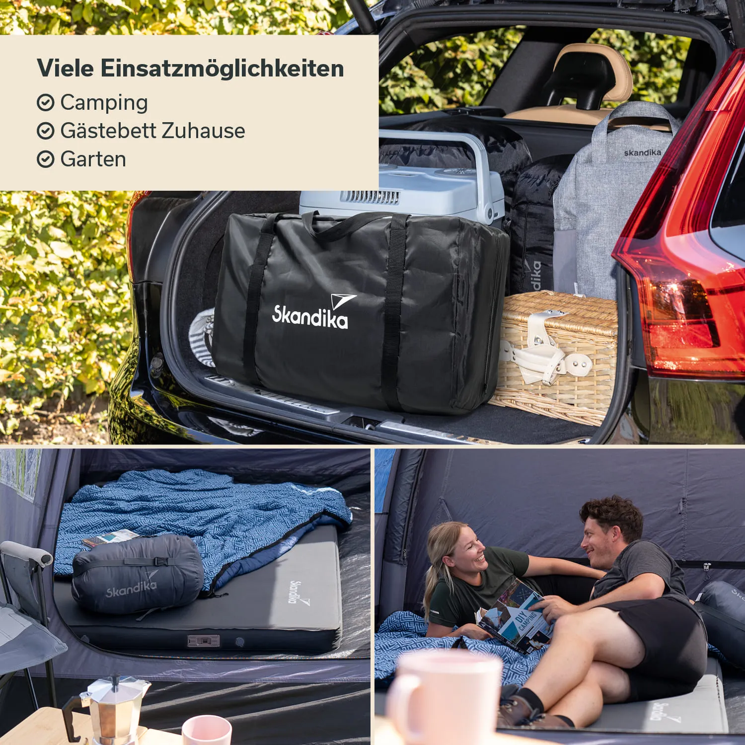 Kofferraum eines Autos mit Taschen, einer Kühlbox und einem Korb. Unten links ein Luftbett und Decken im Zelt. Zwei Personen sitzen entspannt im Zelt.