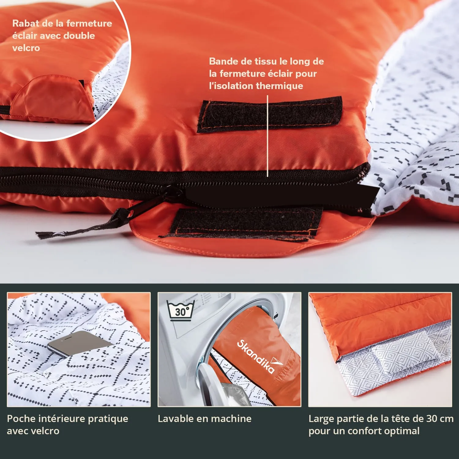 Orangen Schlafsack mit Reißverschluss, Innenfutter mit Muster, Hinweis auf Waschmaschine und praktische Tasche mit Klettverschluss.