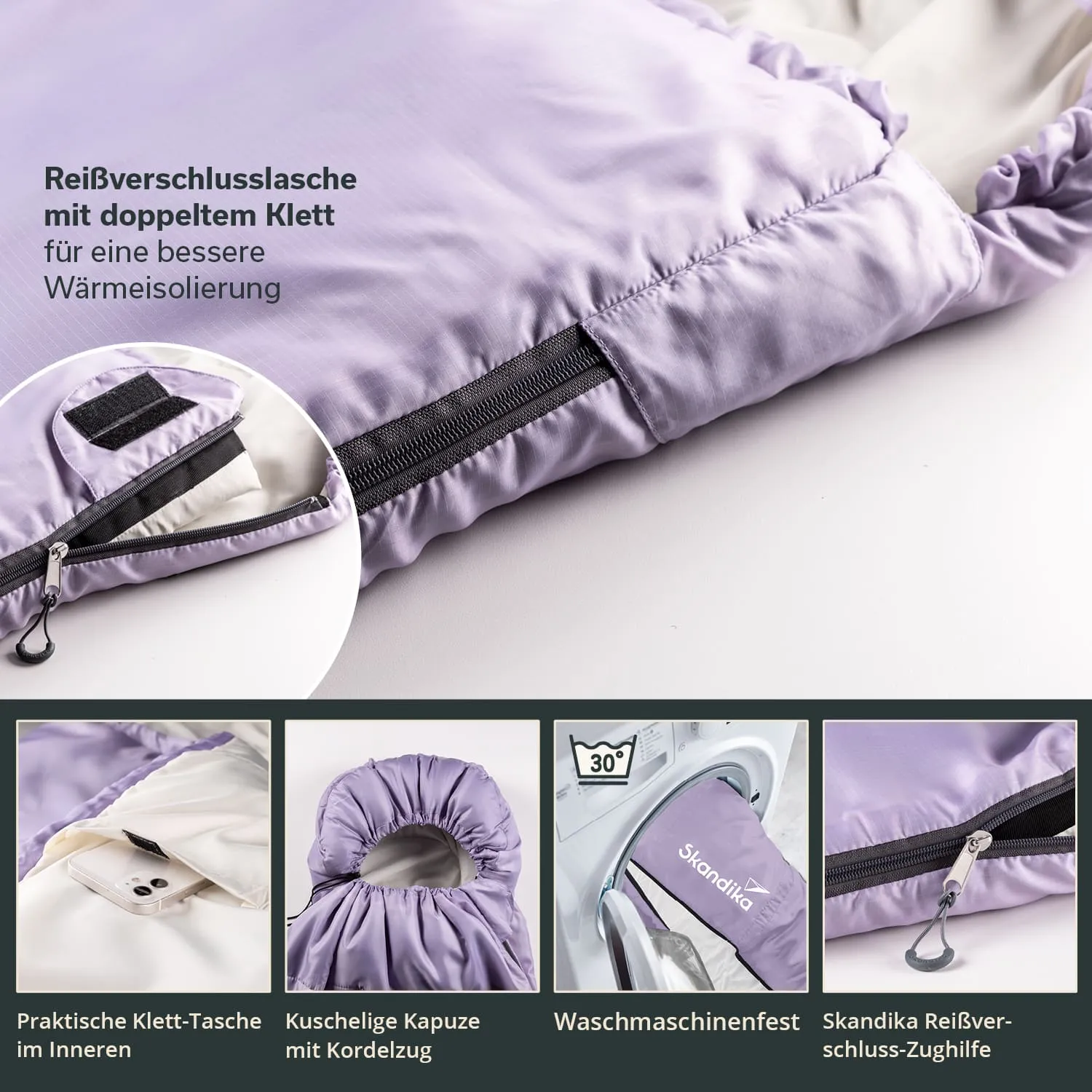 Lila Decke mit Reißverschluss und Klettverschlüssen, begleitet von Nutzungshinweisen und Waschmaschinenanleitung.