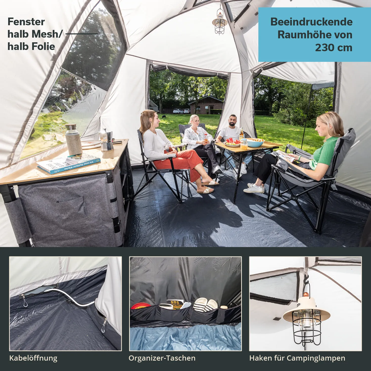 Innenansicht eines Zeltes mit vier Personen in Campingstühlen. Tische mit Snacks und Getränken. Fenster und Beleuchtung sichtbar.