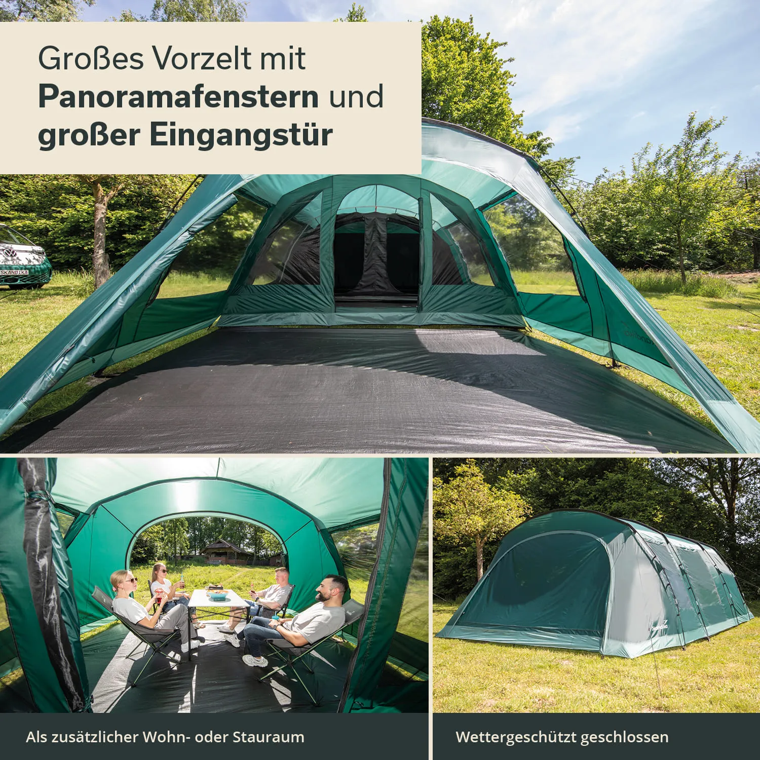 Ein großes, grünes Vorzelt mit Panoramafenstern und einem großen Eingang. Im Inneren sind vier Personen am Tisch. Rechts ist eine Seitenansicht des Zeltes zu sehen.