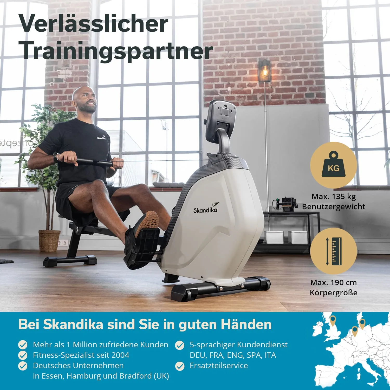 Rudergerät von Skandika mit einem trainierenden Mann. Fenster mit viel Tageslicht im Hintergrund. Informationen über Produkteigenschaften.
