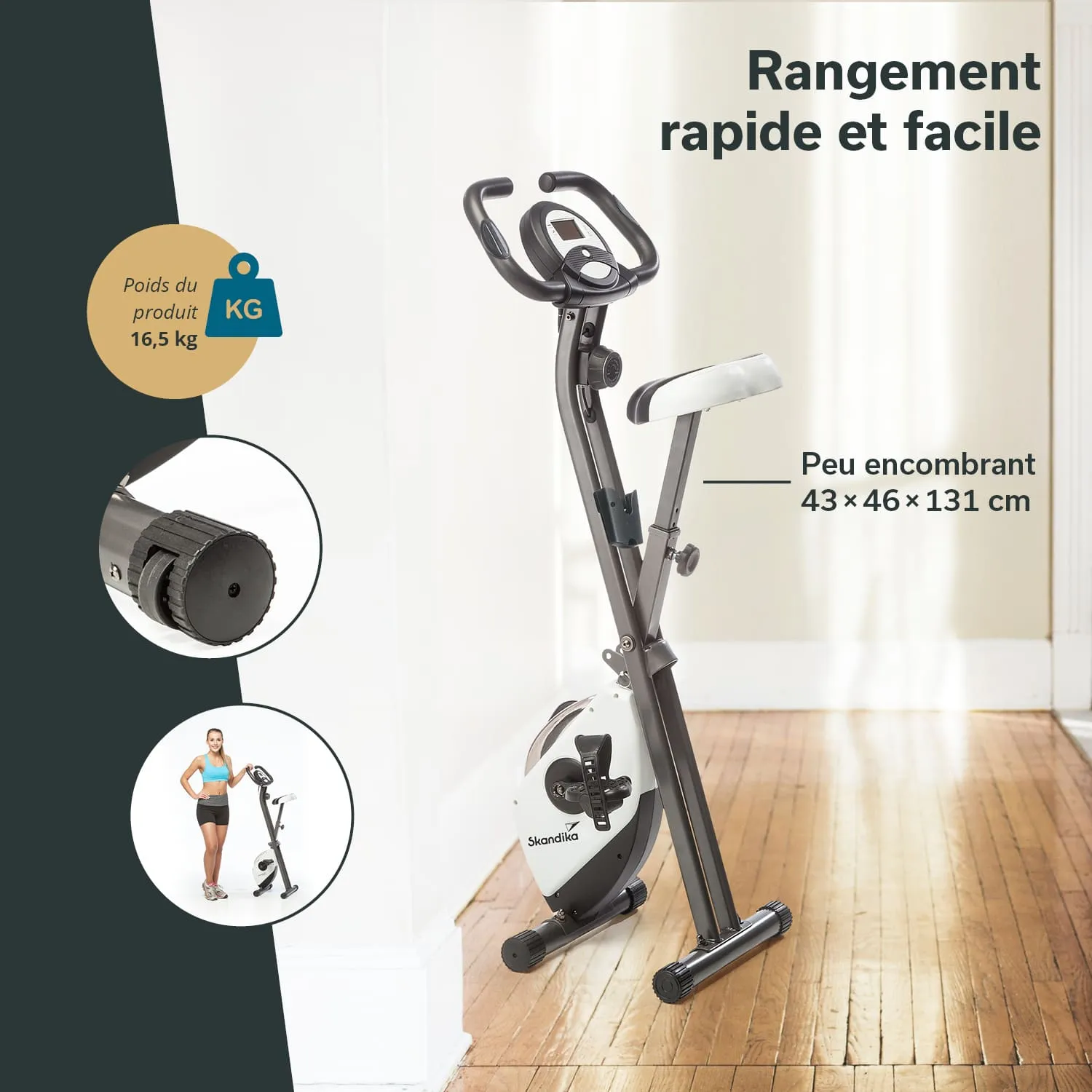 Faltbares Fitnessgerät mit Lenker und Sitz. Gewicht 16,5 kg, kompakte Maße 43×46×131 cm. Holzfußboden im Hintergrund.