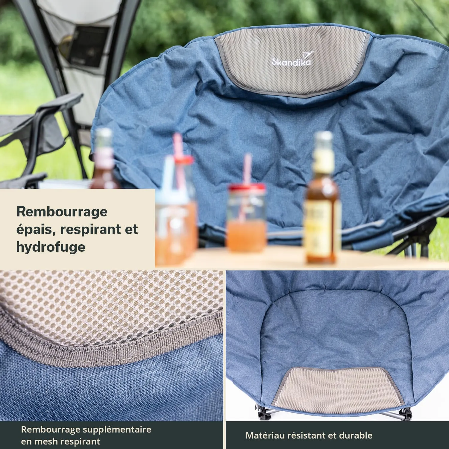 Bequemer, blauer Sessel im Freien, mit dicker Polsterung. Auf einem Tisch stehen Getränke in Gläsern. Detailansicht der Polsterung.