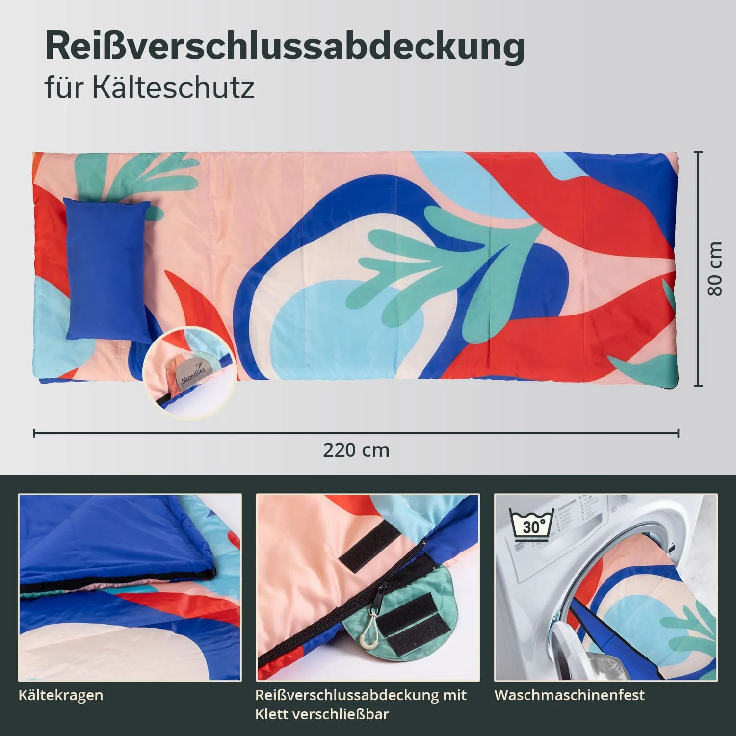 Bunte, gemusterte Reißverschlussabdeckung mit Kissen für Kälteschutz, in hellen Farben und verschiedenen Mustern. Maße 220 x 80 cm.