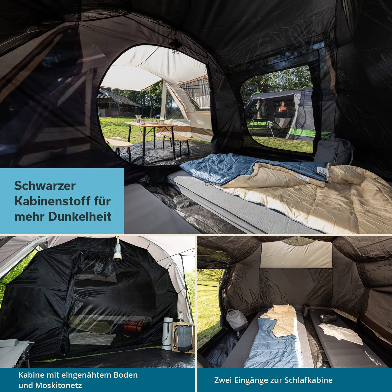 Zwei Innenansichten eines Zeltes mit schwarzem Kabinenstoff. Matratzen mit Decken und ein Tisch. Ein Fenster und zwei Zelt-Eingänge sind sichtbar.