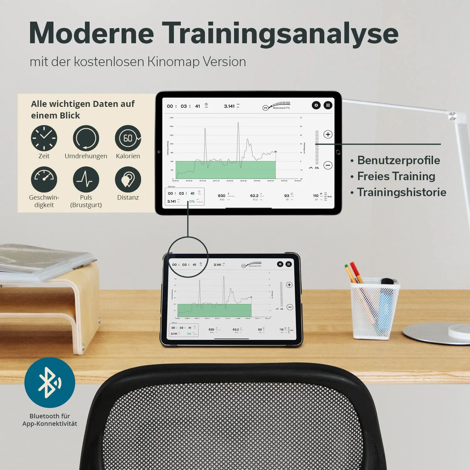 Zwei Tablets zeigen Grafiken und Daten zur Trainingsanalyse, darunter Zeit, Kalorien und Puls. Ein Stuhl und ein Schreibtisch sind sichtbar.