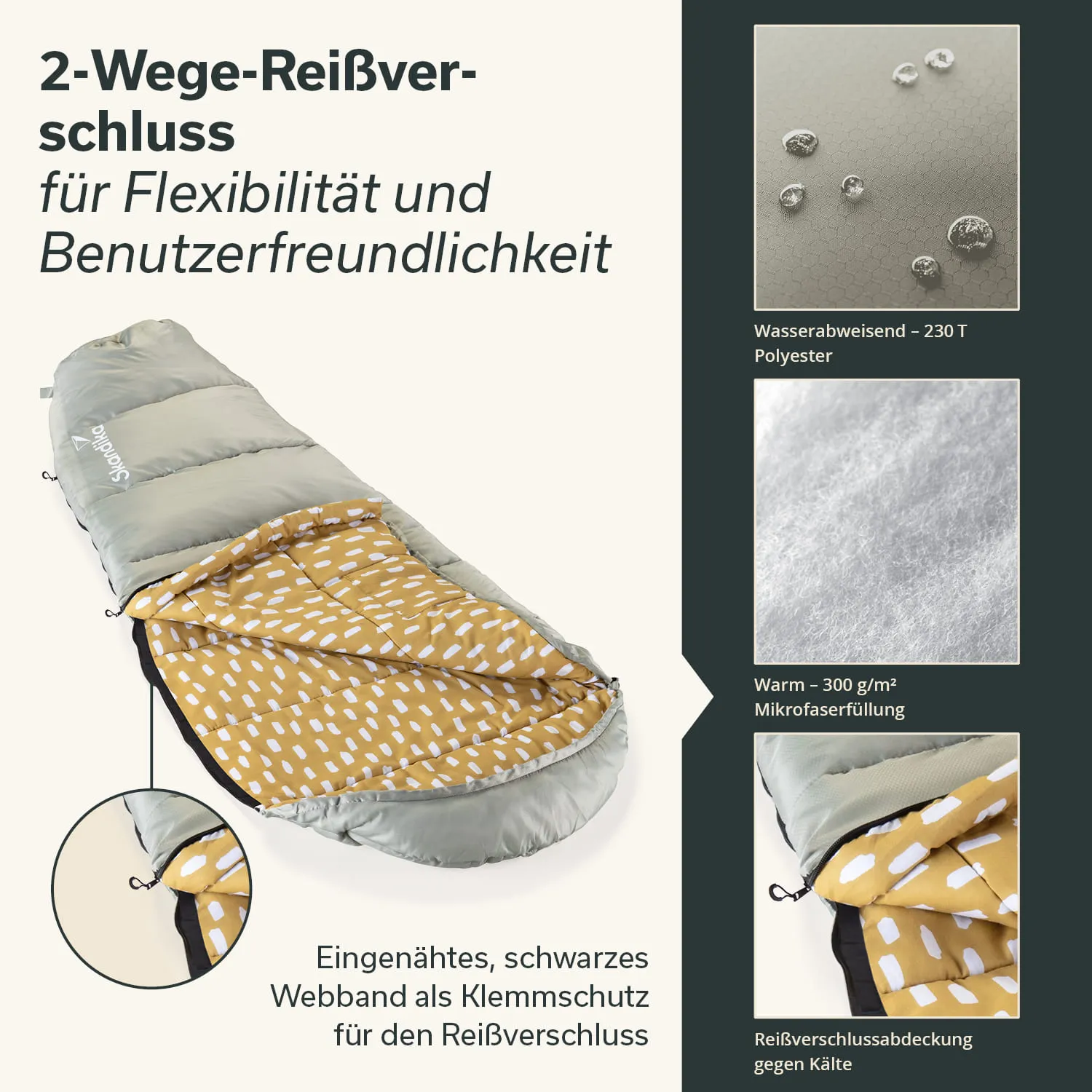Schlafsack mit einem grauen Außenmaterial und einem gelben Innenfutter mit Muster. Informationen über Funktionen sind beigelegt.
