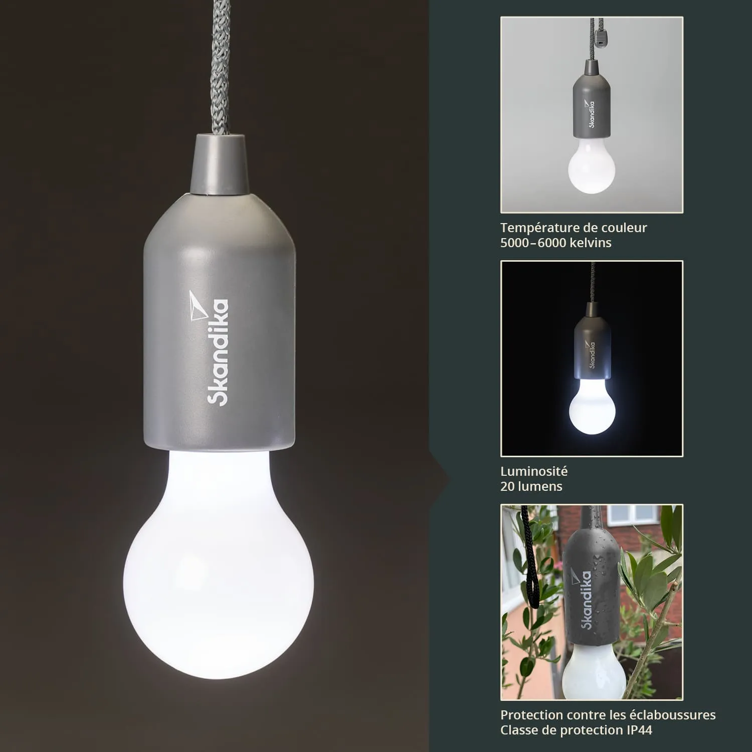 Hängende Lampe mit grauem Gehäuse und einer weißen Glühbirne, umgeben von dunklem Hintergrund und Informationen zu technischen Spezifikationen.