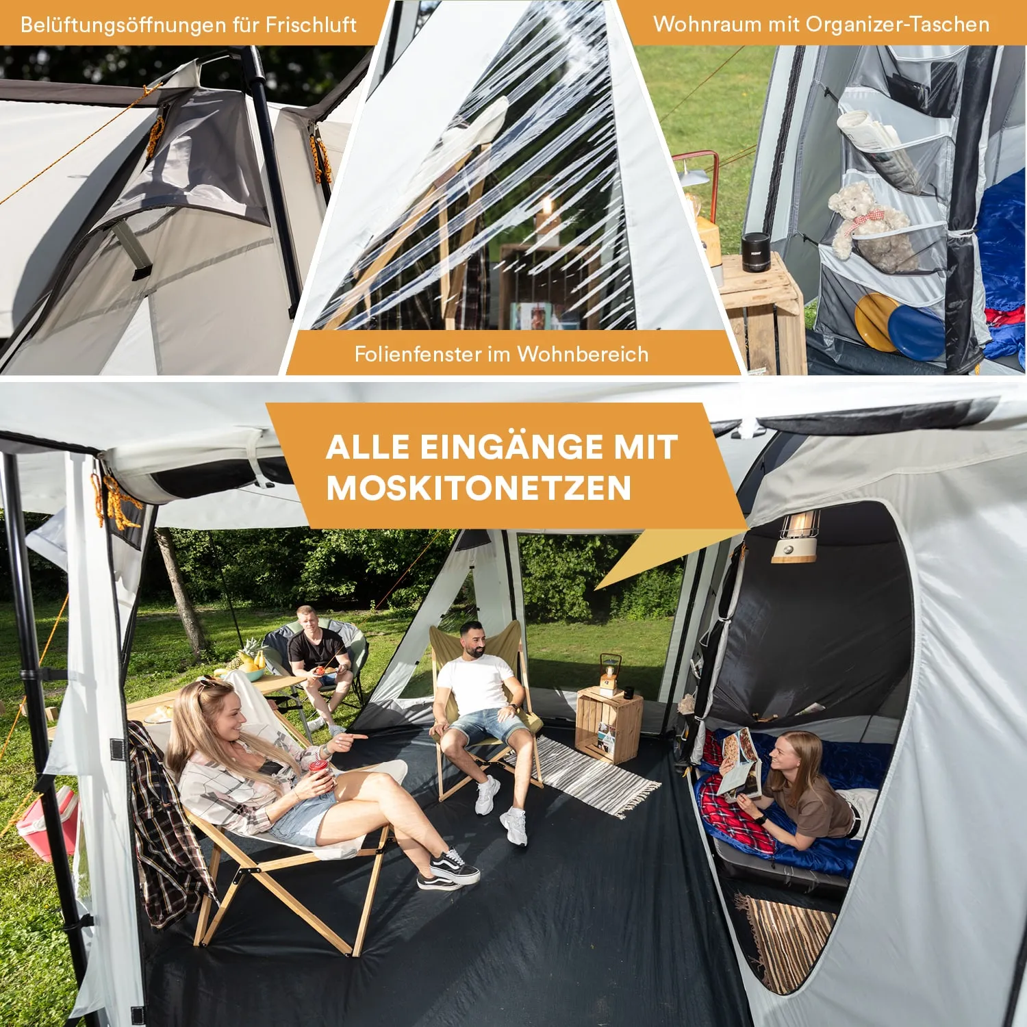 Zelt mit verschiedenen Bereichen: Wohnraum mit Organizer-Taschen, Moskito-Netzen an allen Eingängen, und Menschen in entspannter Atmosphäre.