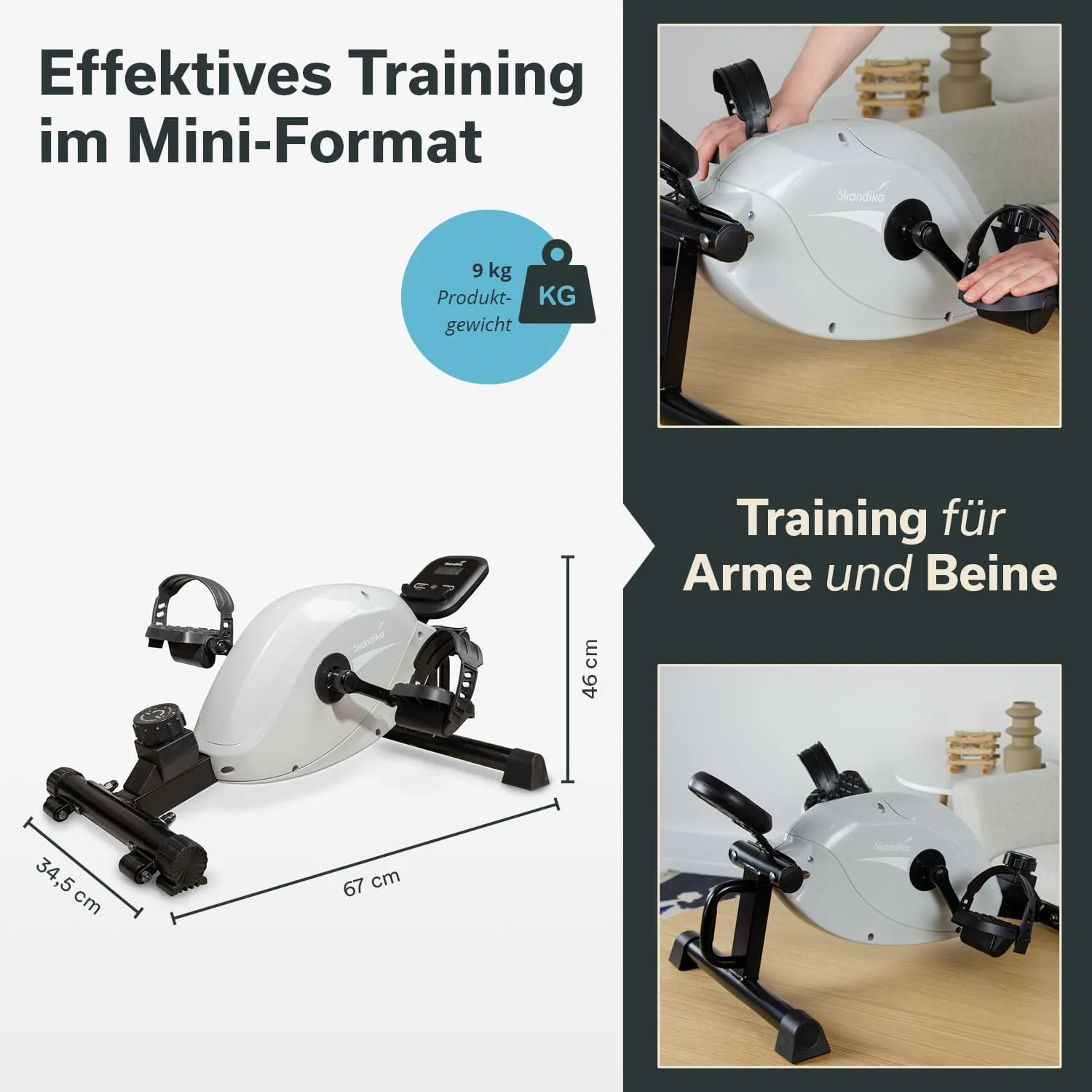 Mini-Heimtrainingsgerät in Weiß mit Pedalen, Daten zu Gewicht und Abmessungen. Zwei Bilder, eins mit Hand und Gerät.