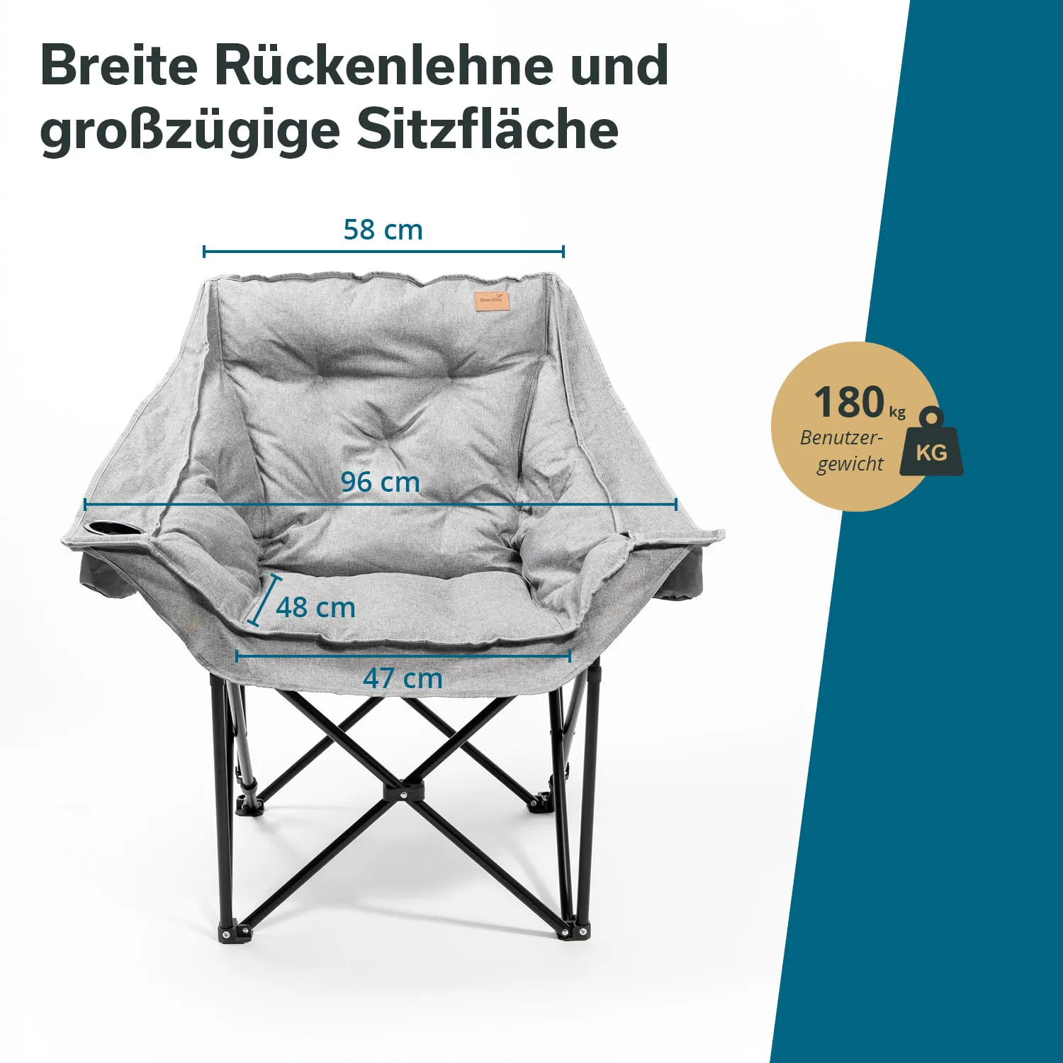 Faltstuhl mit breiter Rückenlehne und gepolsterter Sitzfläche. Es sind Maße (B 58 cm, T 96 cm) und max. Benutzergewicht (180 kg) angegeben.