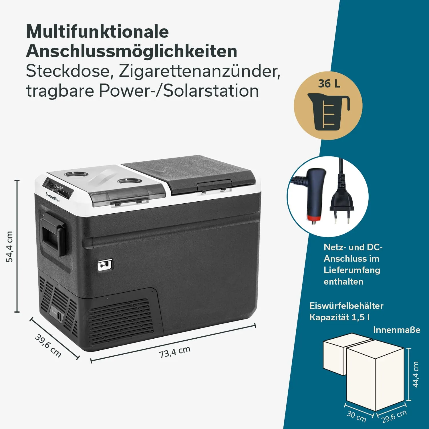 Kühltasche mit vielfältigen Anschlussmöglichkeiten, Abmessungen 73,4 x 39,6 x 54,4 cm und 36 Litern Volumen.