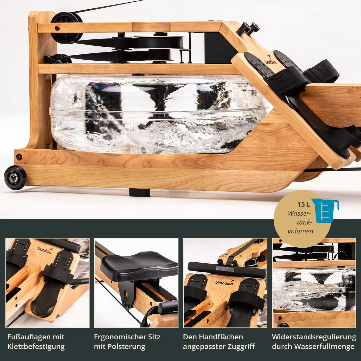 Wasserrower aus Holz mit transparentem Wassertank, Fußauflagen mit Klettverschluss und ergonomischem Sitz.