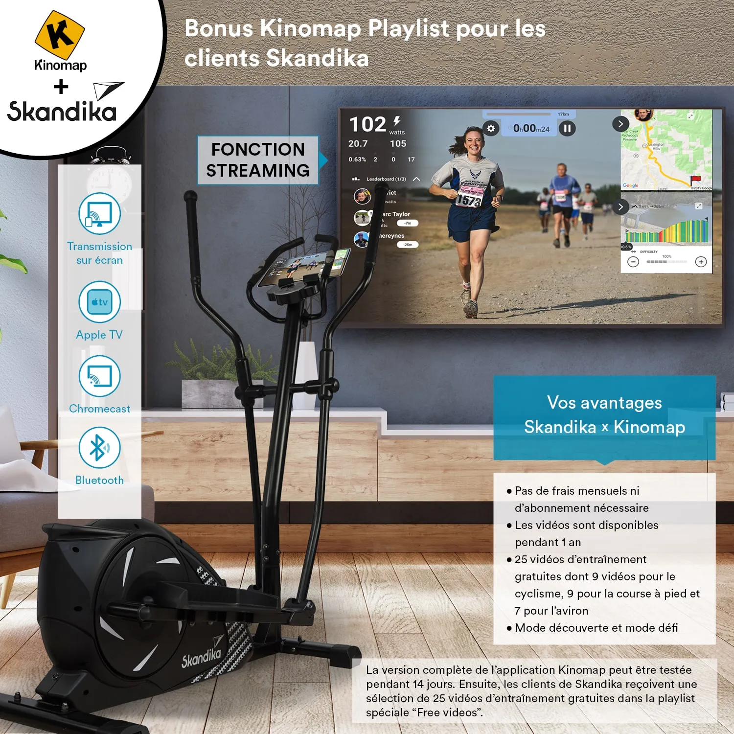 Ein elliptischer Trainer steht im Vordergrund. Im Hintergrund ist ein Fernseher, der eine Läuferin auf einer Strecke zeigt. Links sind Symbole für verschiedene Streaming-Funktionen und die Logotypen von Kinomap und Skandika zu sehen.