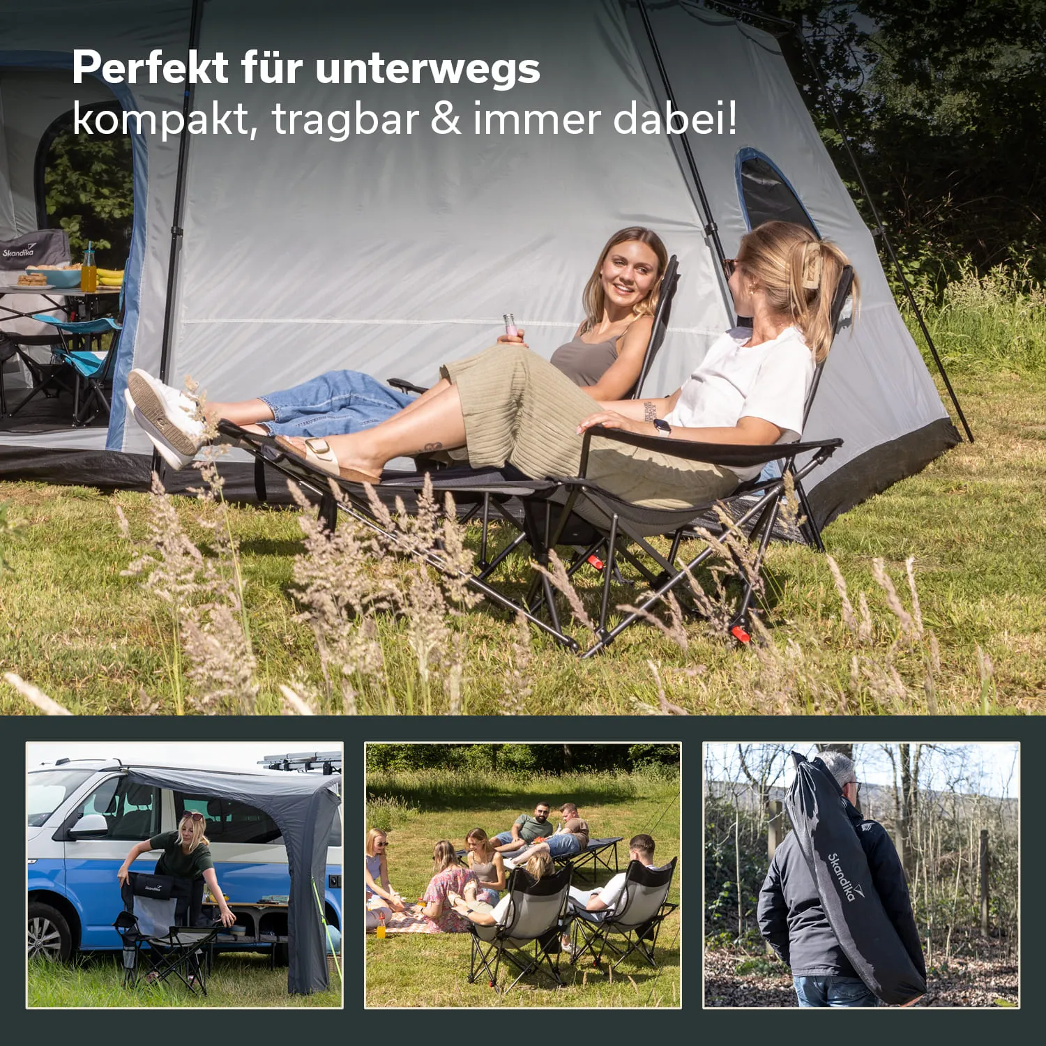 Zwei Personen sitzen entspannt in Klappstühlen vor einem Zelt. Im Hintergrund sind weitere Campingutensilien sichtbar.