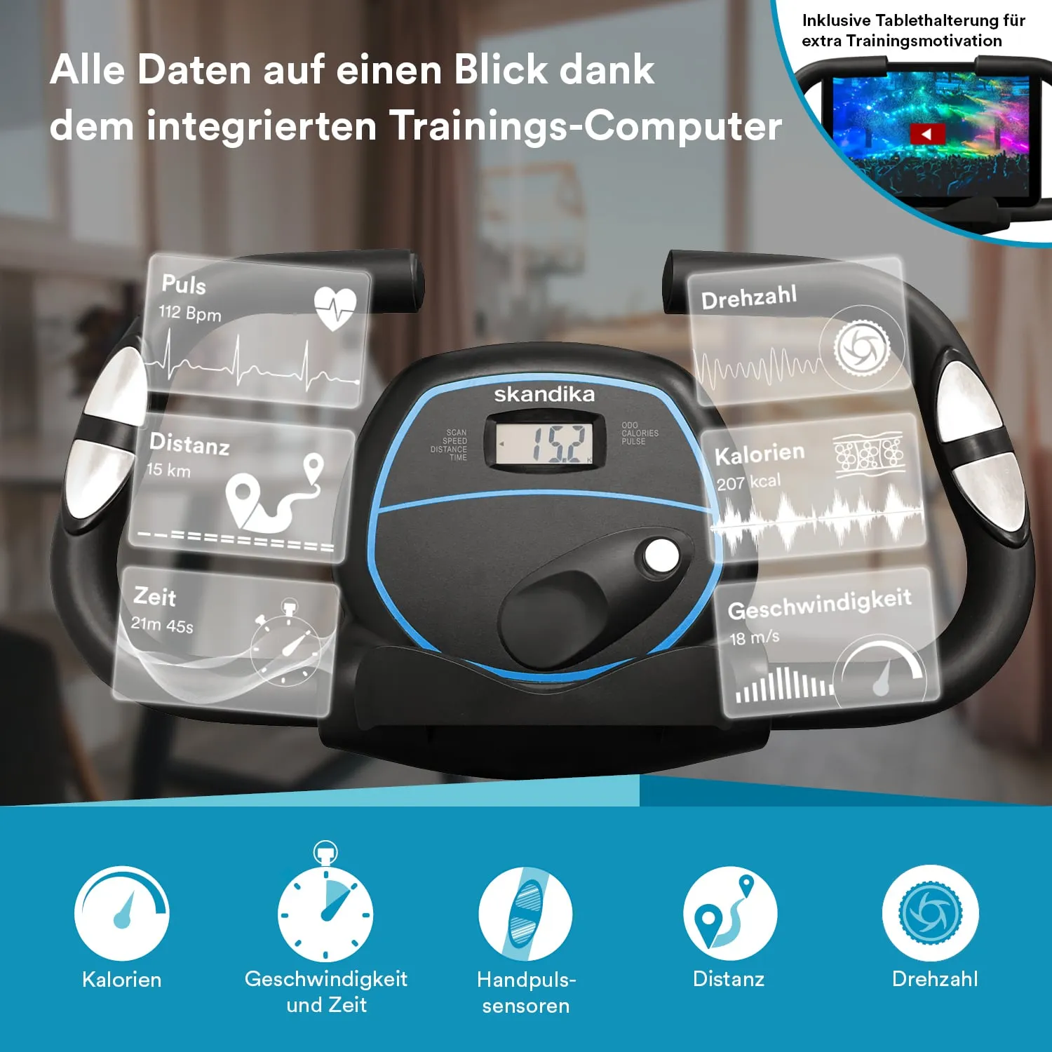 Trainingsgerät mit Display, das Puls, Distanz, Zeit, Kalorien und Geschwindigkeit anzeigt. Hände greifen die Griffe.