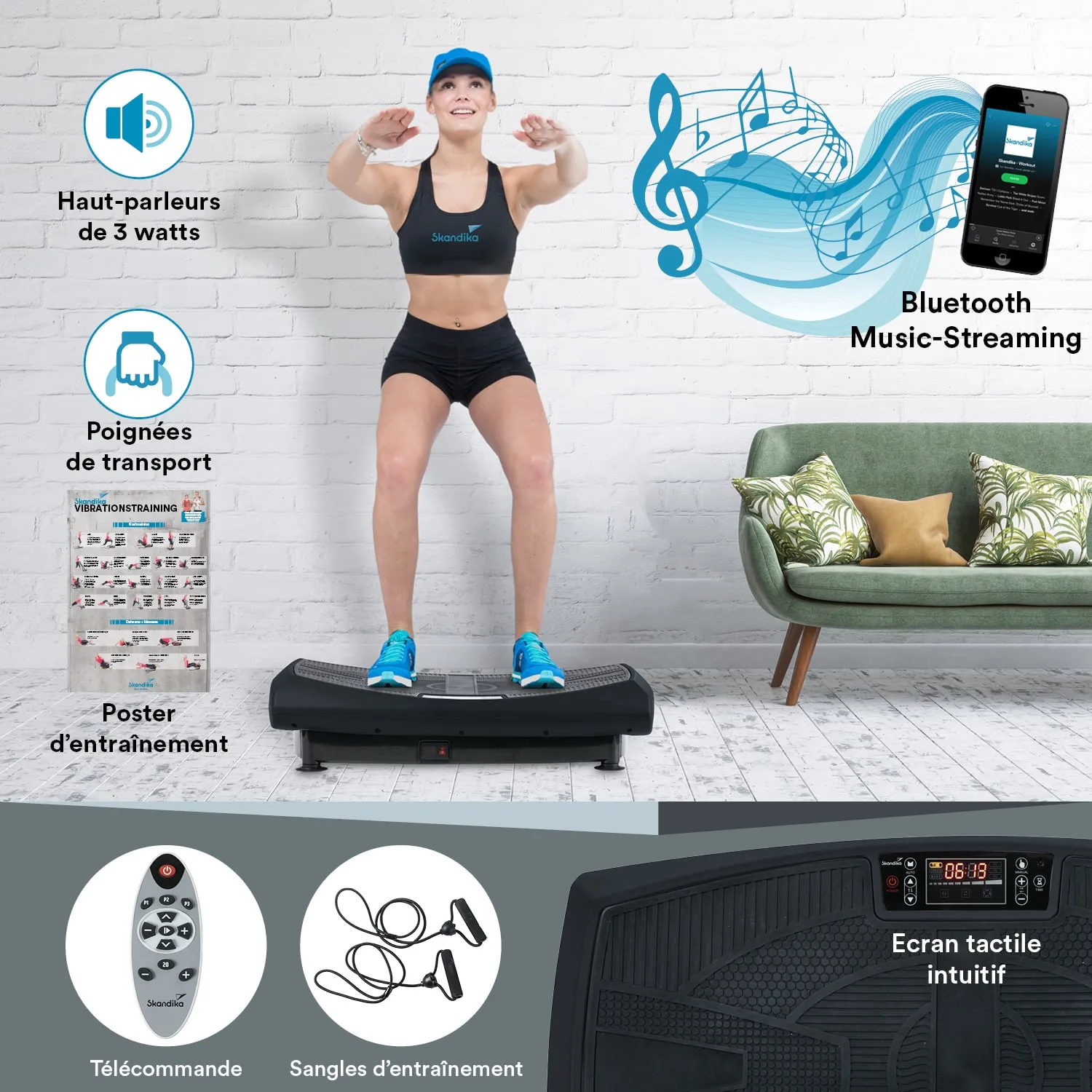 Eine Person steht auf einem Vibrationsgerät in einem hellen Raum mit einer weißen Ziegelwand. Auf dem Gerät sind Bedienelemente sichtbar. Im Hintergrund steht ein grünes Sofa mit Kissen.