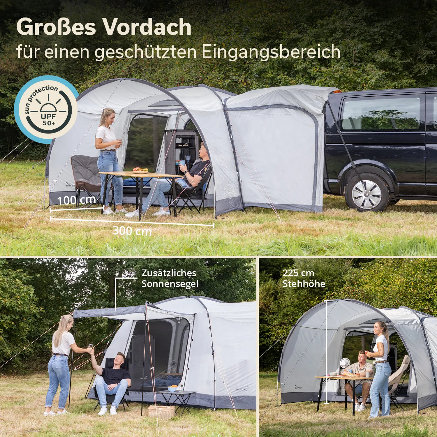 Großes Vorzelt mit Sitzgruppe, Tisch und Sonnensegel, neben einem Fahrzeug auf Wiese. Höhe 225 cm, Maße 300 x 100 cm.