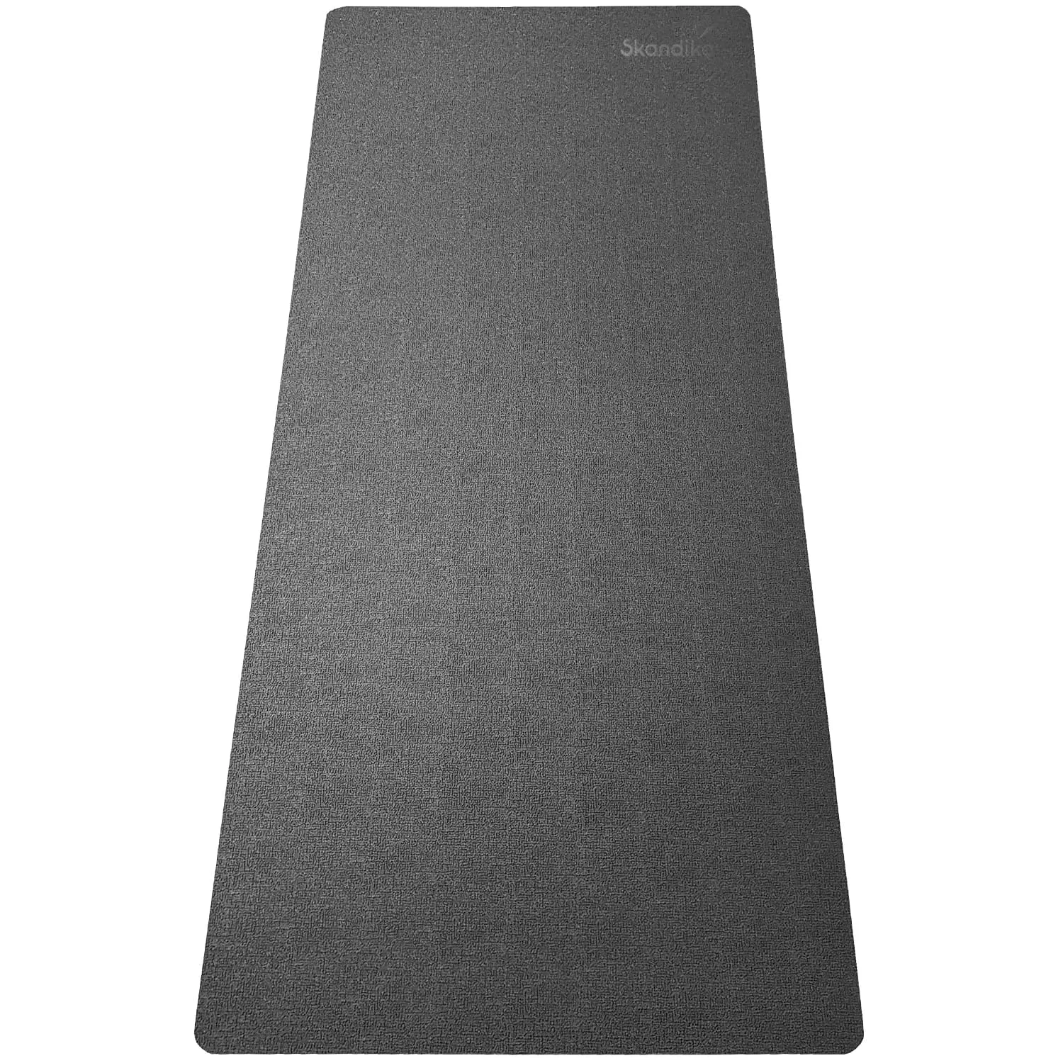 Dunkelgraue Yoga- oder Fitnessmatte mit einer strukturierten Oberfläche und abgerundeten Ecken.