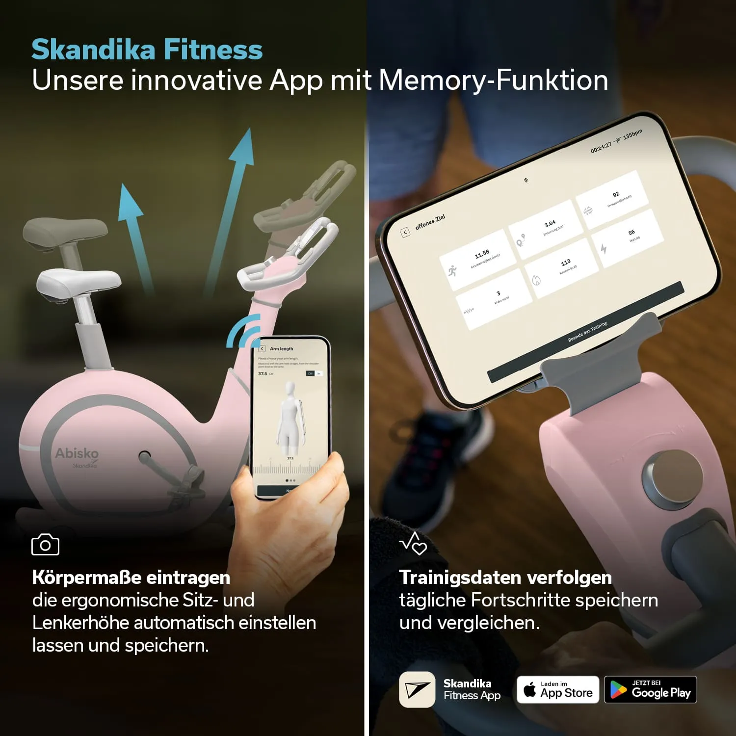 Ergonomisches Fitnessgerät in Rosa mit verstellbarem Sitz und Lenker. Informationen zur Skandika Fitness App sind sichtbar.