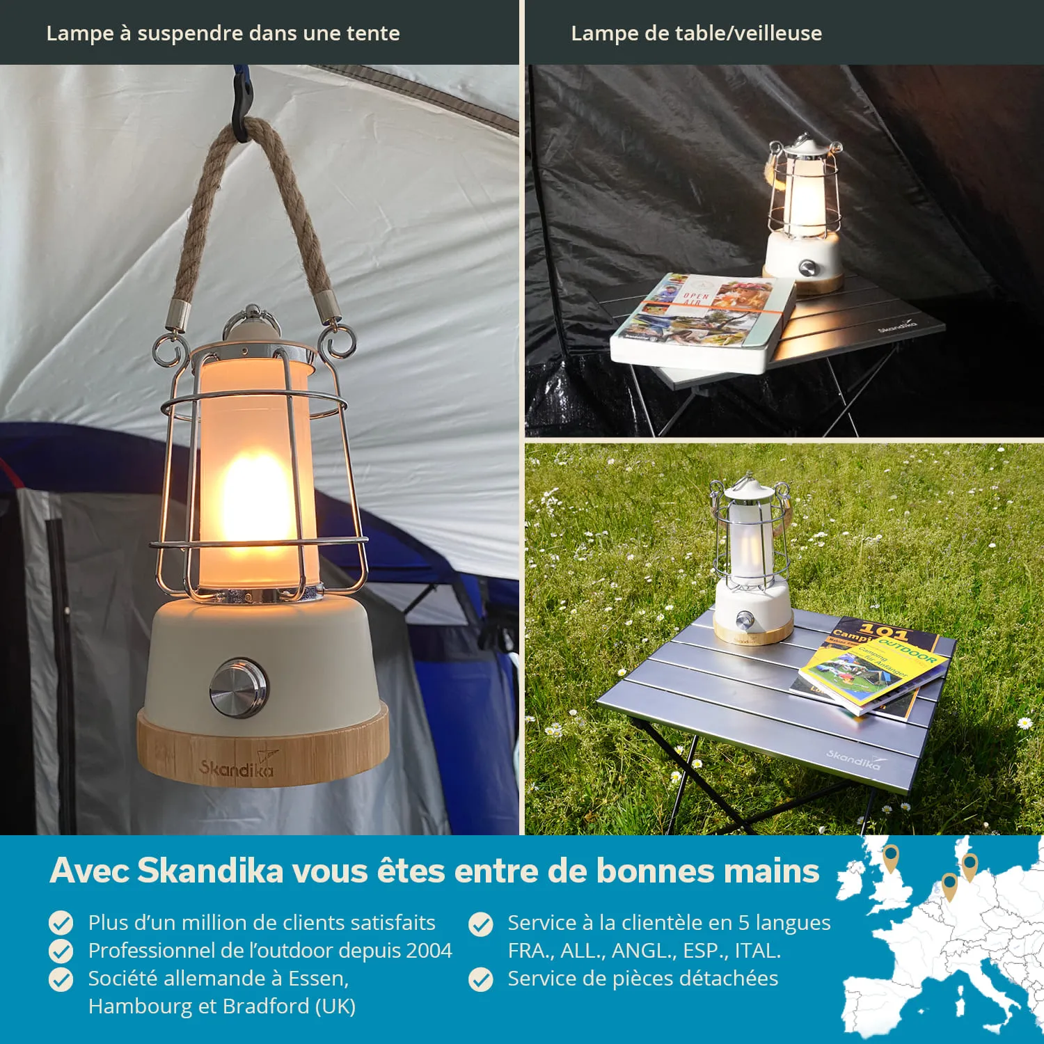 Drei Bilder von einer Lampe: eine hängende Lampe in einem Zelt, eine Tischlampe auf einem Klapptisch, eine Lampe auf einer Wiese.