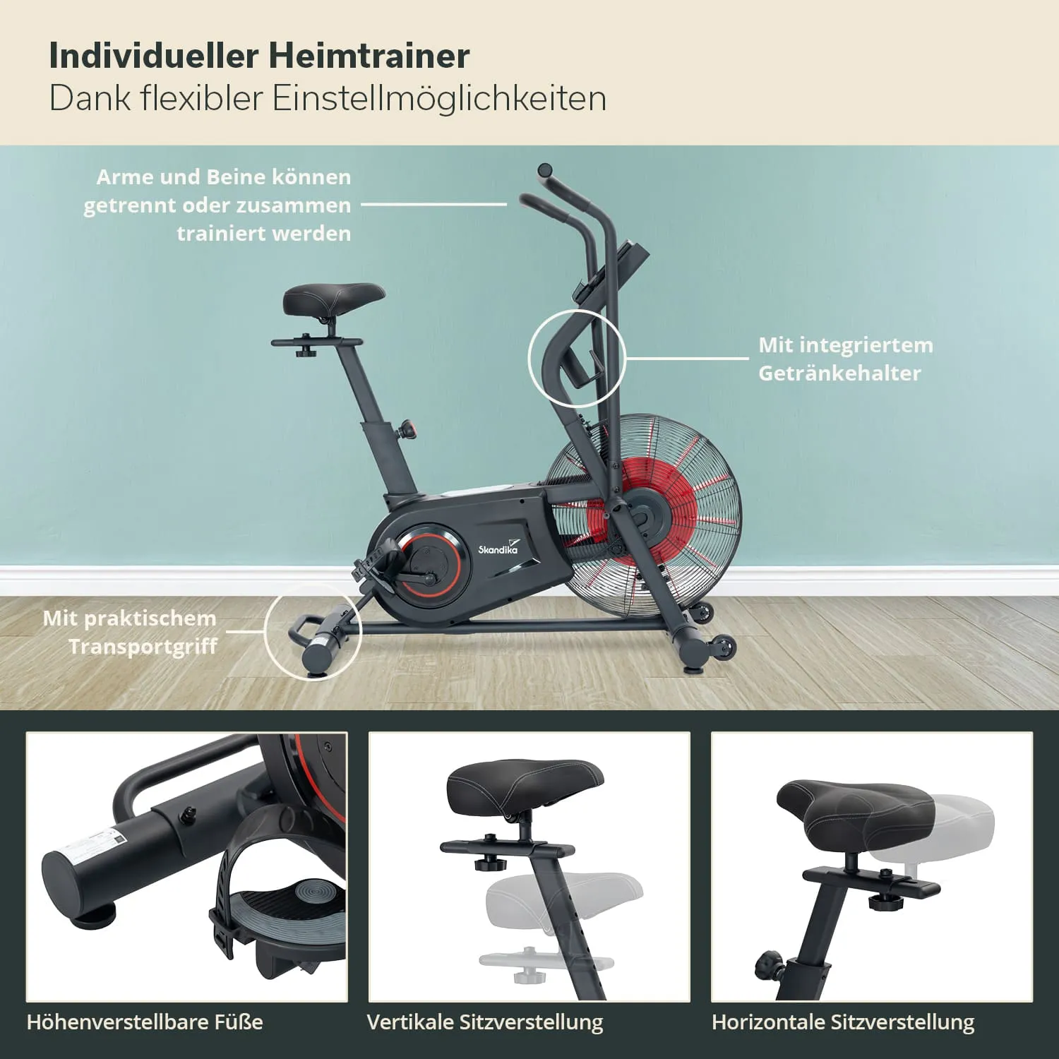 Heimtrainer mit verstellbarem Sitz, Transportgriff und integriertem Getränkehalter. Arme und Beine können separat trainiert werden.