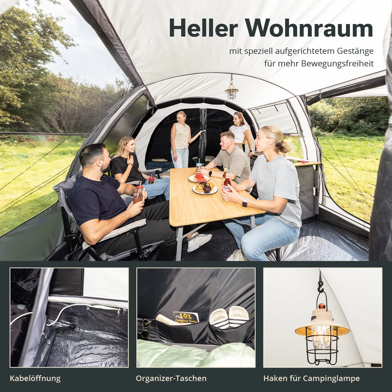 Zeltinneres mit Tisch und Stühlen, sechs Personen sitzen und essen, Vorhängelampe und Organizer-Taschen sichtbar.