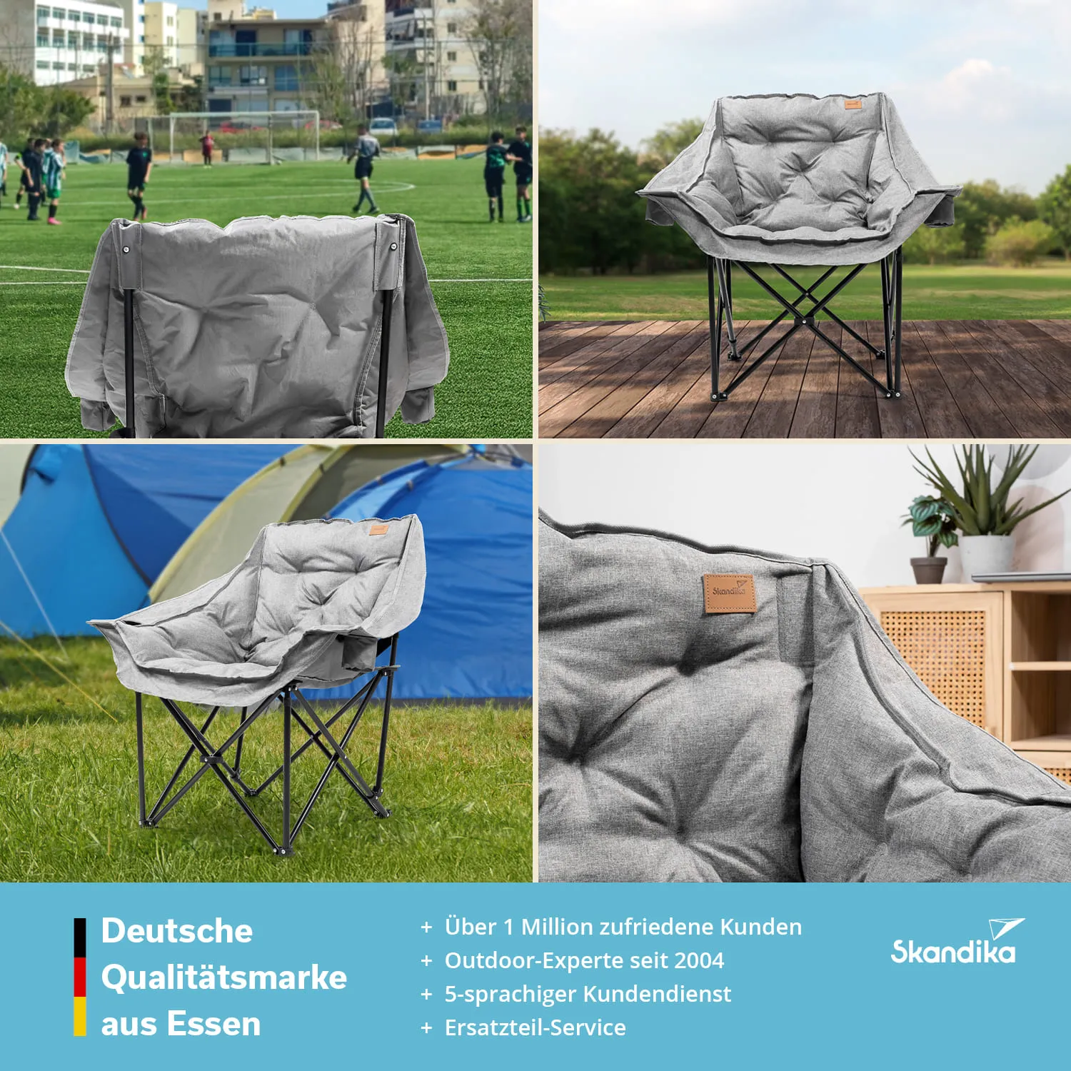 Faltstuhl in Grau auf verschiedenen Hintergründen: Fußballfeld, Holzterrasse und Zeltplatz. Herstellerlogo sichtbar.