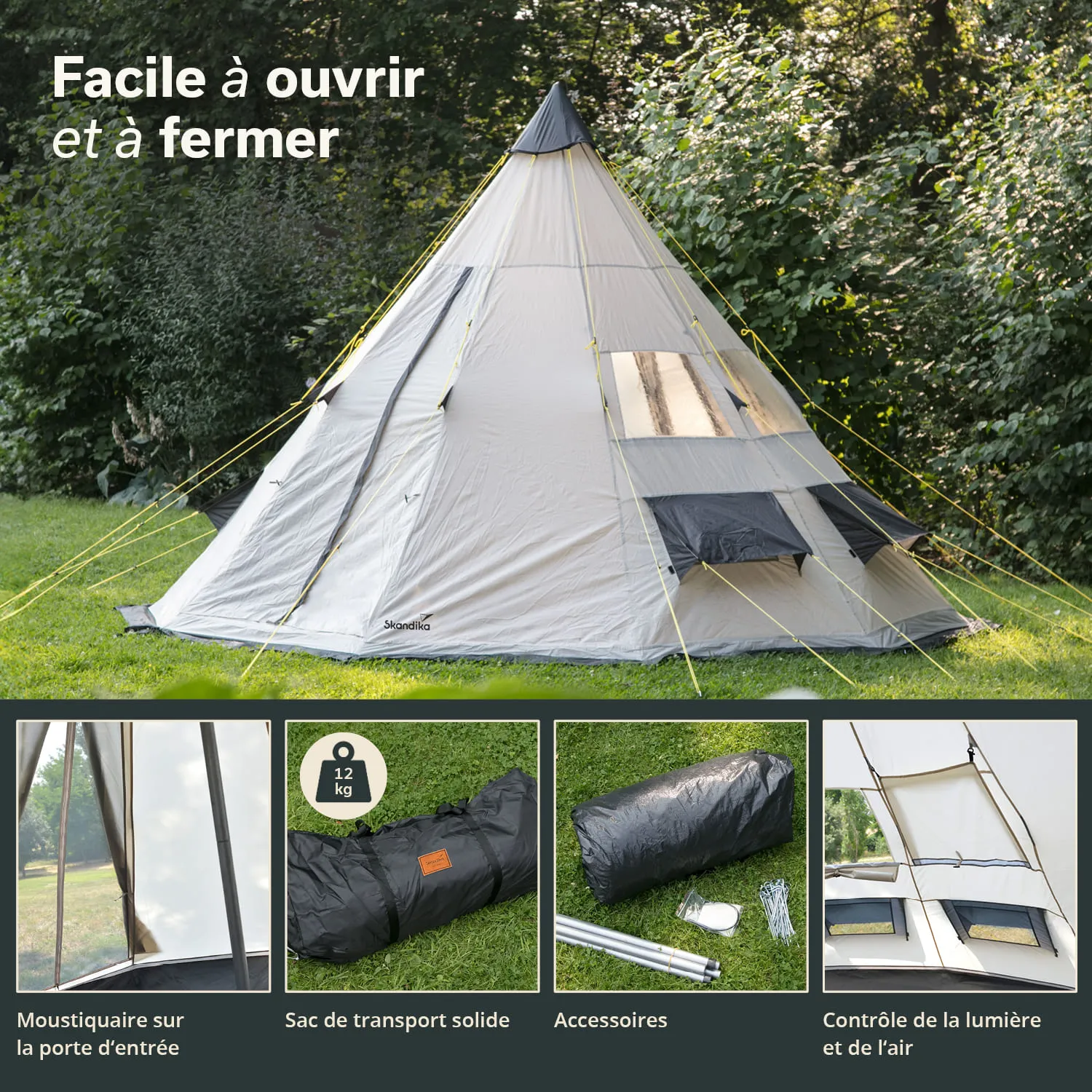 Zelt in Form eines Tipis auf einer Wiese, umgeben von Bäumen. Darunter befinden sich Informationen zu einem Moskitonetz, einem stabilen Transportbeutel und Zubehör.