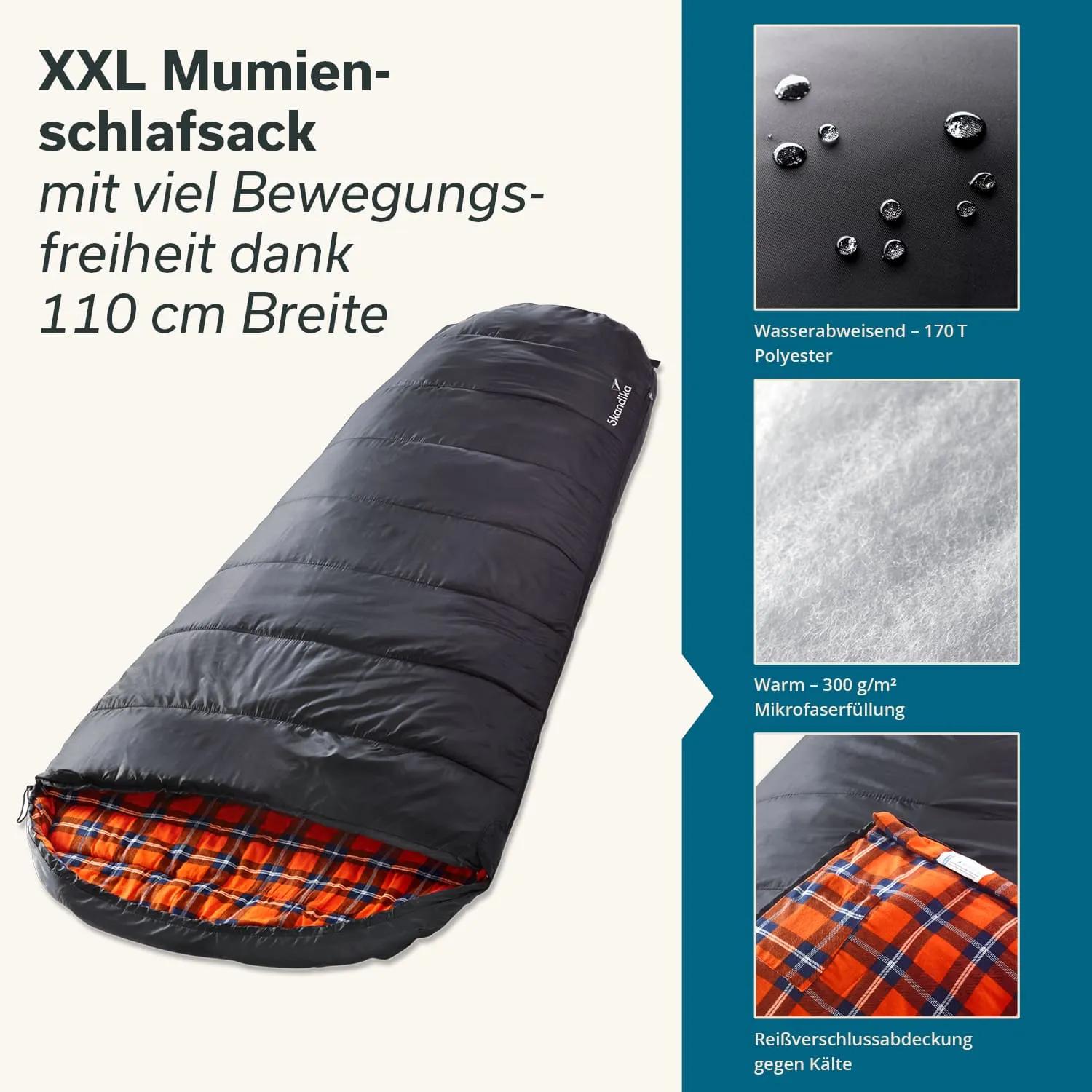 XXL Mumenschlafsack in schwarz mit kariertem Innenfutter. Informationen zu Wasserabweisung, Füllmaterial und Kälteschutz.