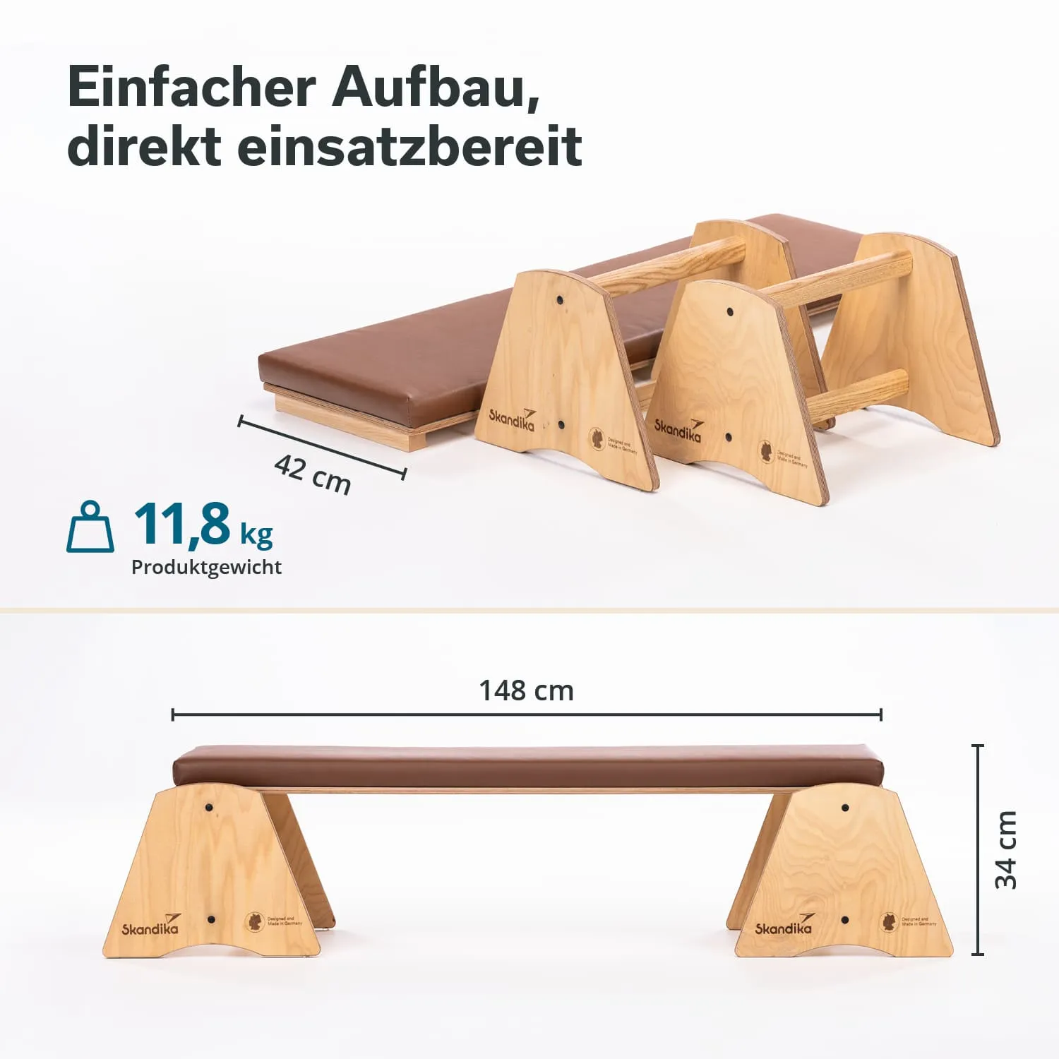 Holzbank mit brauner Polsterung, den Maßen 148 cm x 42 cm x 34 cm. Gewicht: 11,8 kg. Schlichtes Design, stabil.