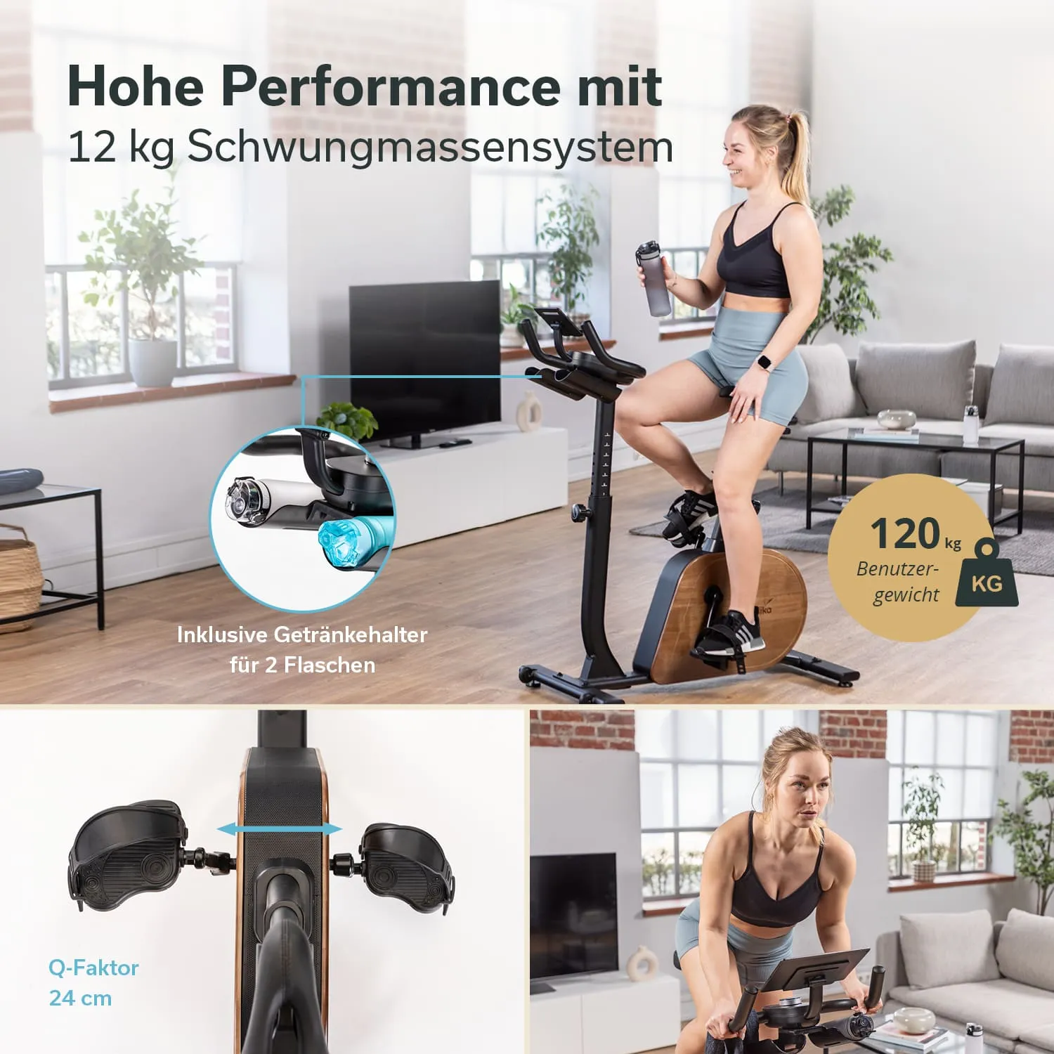 St stationary Fahrrad mit einem 12 kg Schwungmassensystem in einem modernen Wohnraum. Person fährt auf dem Fahrrad, hält eine Trinkflasche. Sichtbare Details: Getränkehalter, Info über Benutzergewicht von 120 kg, Q-Faktor von 24 cm.